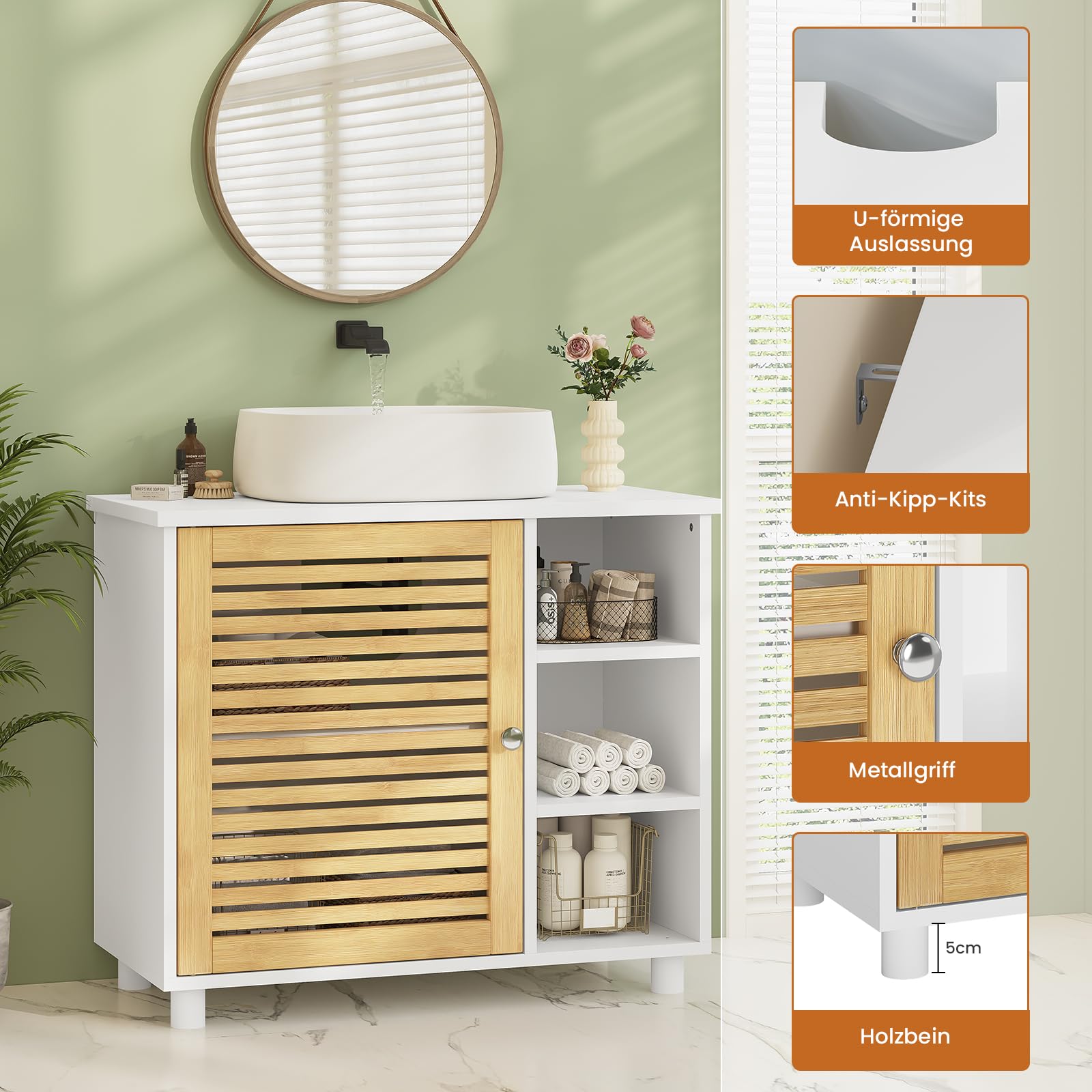 Waschbeckenunterschrank, Badezimmerschrank mit Bambustüren, 3 offene Fächer, viel Stauraum, Freistehend Badschrank Unterschrank, 62 x 30 x 60 cm