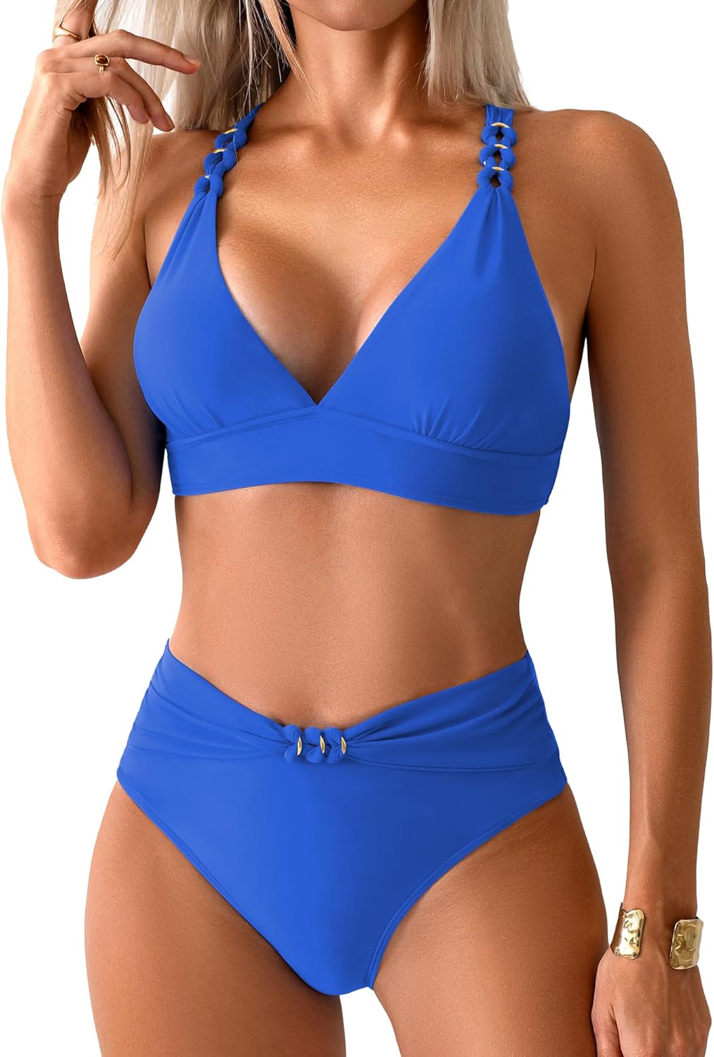 swimall Womens High Waist Bikini Set Ruched Triangle Sexy Swimsuit Gold Metal Two Piece Bathing Suit