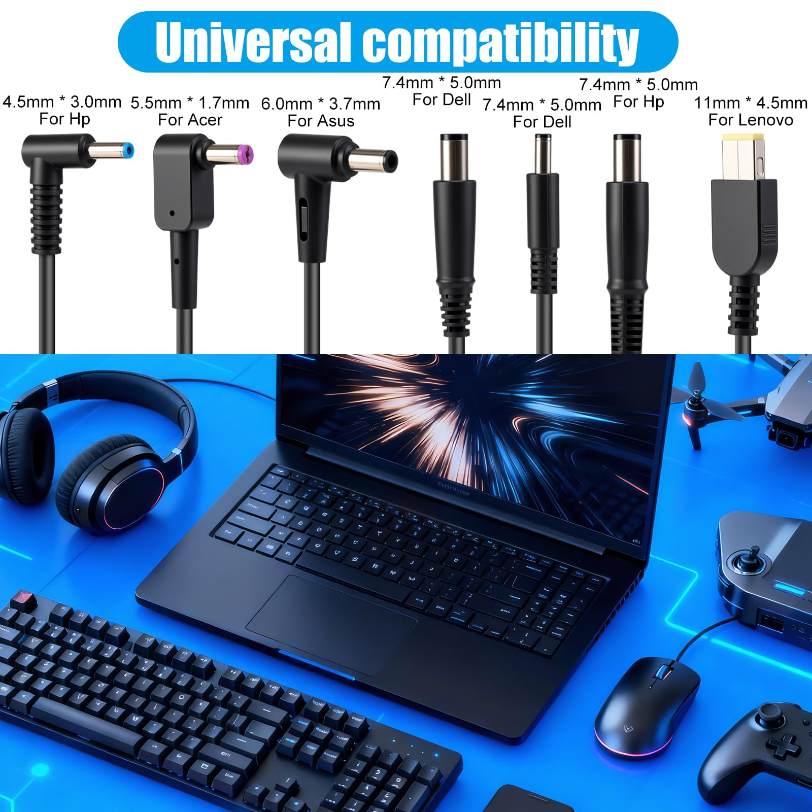 180W Cargador Universal para portátil Acer ASUS Lenovo HP DELL PC Alimentación Adaptador con Puerto USB-C PD de 20W Total 200W.