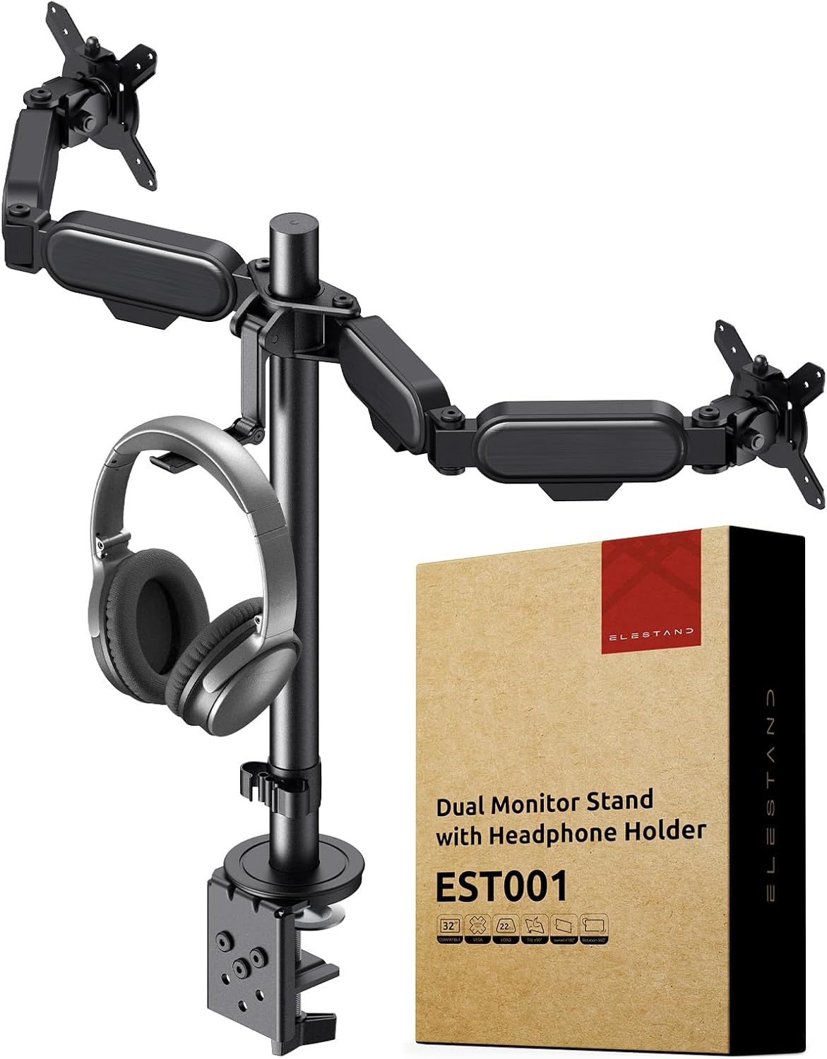 Dual Adjustable Monitor Stand: Monitor Arm Desk Mount with Headphone Holder – Dual Monitor Stand for Desk Holds 2 Monitors up to 32 inches and 22lbs – Cable Management and Fast Installation