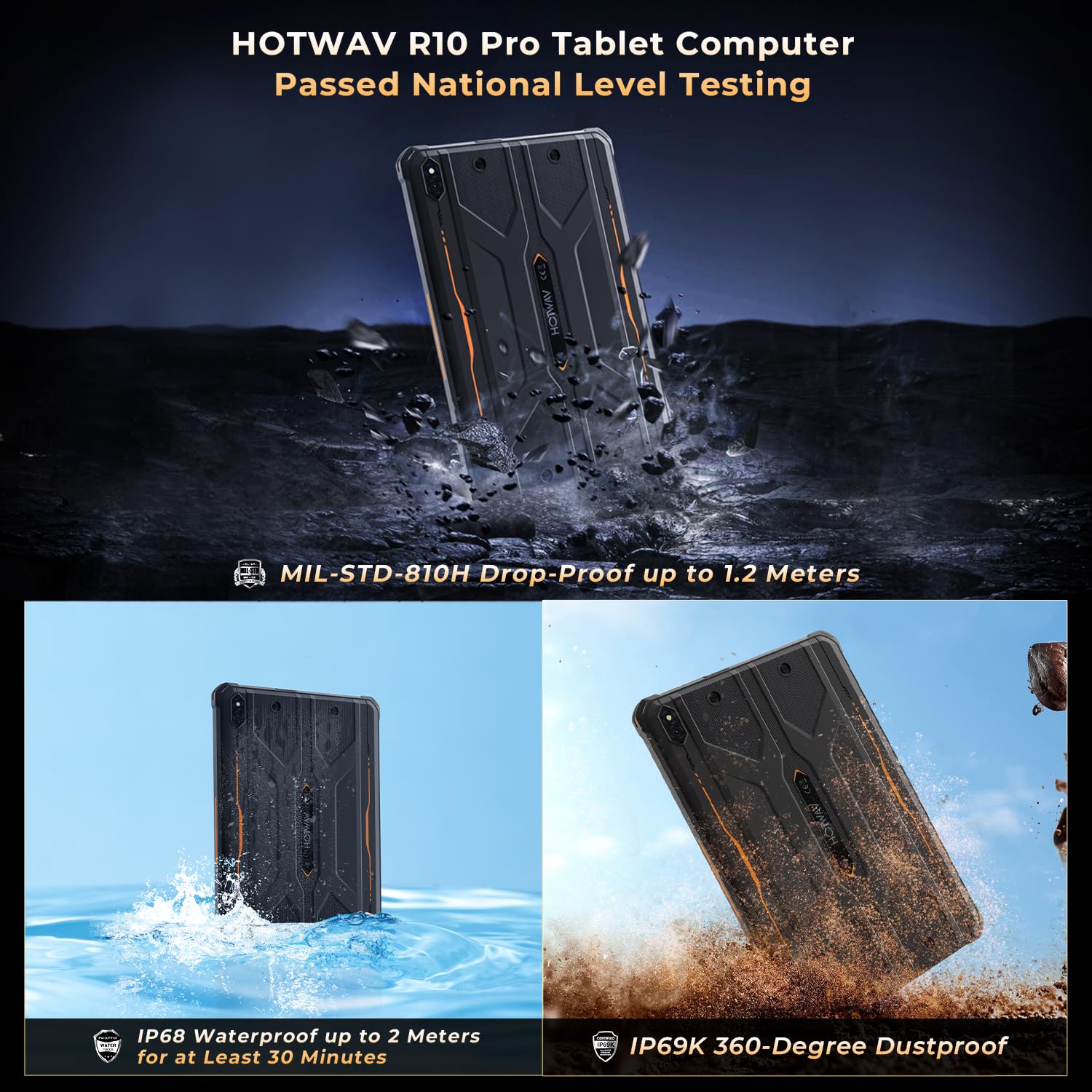 HOTWAV R10 Pro Tablette Incassable-20Go + 256Go/TF 1To Android 14, 10080mAh