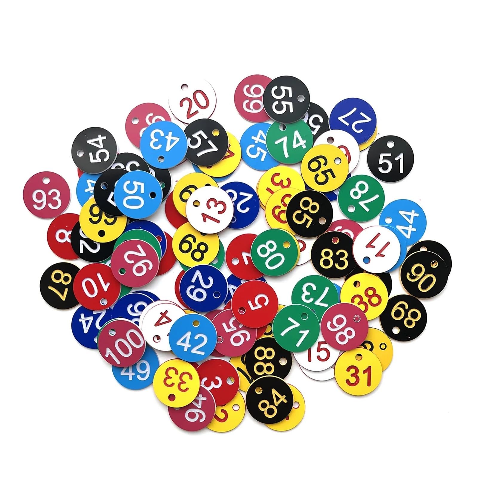 Lot de 100 étiquettes d'identification numérotées en plastique de 1 à 100 avec trou - Étiquettes rondes pour restaurant, café, casier, hôtel