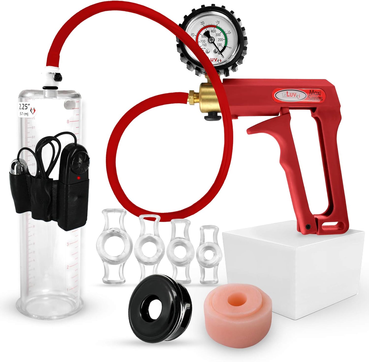LeLuv Premium Vibrating Penis Pump - Maxi Red + Protected Gauge and Uncollapsible Silicone Hose - with Donut Seal, TPR Seal and 4 Sizes of Rings, 9" Length x 2.25" Diameter