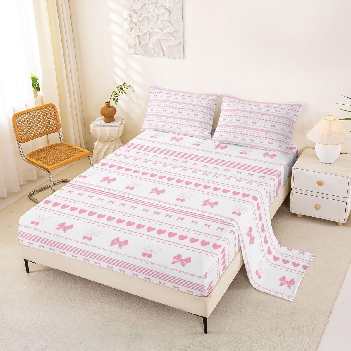 Homewish Różowa wiśnia kokarda prześcieradła podwójne urocze miłosne serca zestaw pościeli Cottagecore zestaw pościeli - dekoracja baletowa estetyczne geometryczne paski dopasowane płaskie