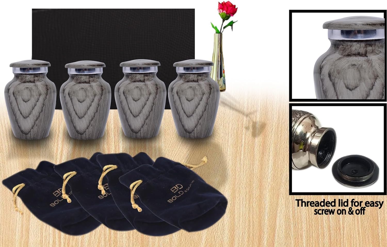 BOLD & DIVINE Wooden Textured Theme Keepsake Urn | Human Ashes Memorial Urn, Burial, Funeral Cremation Urns (Grey Wood, Set of 4_Mini)