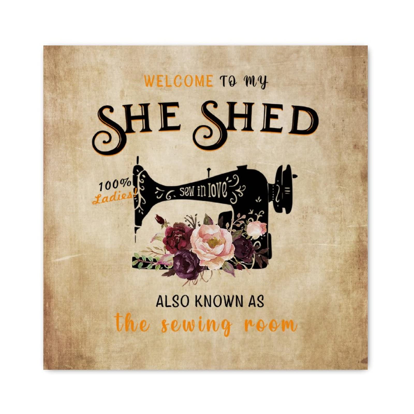 Panneau en bois couture Welcome to My She Shed motif fleurs rouges 40,6 cm