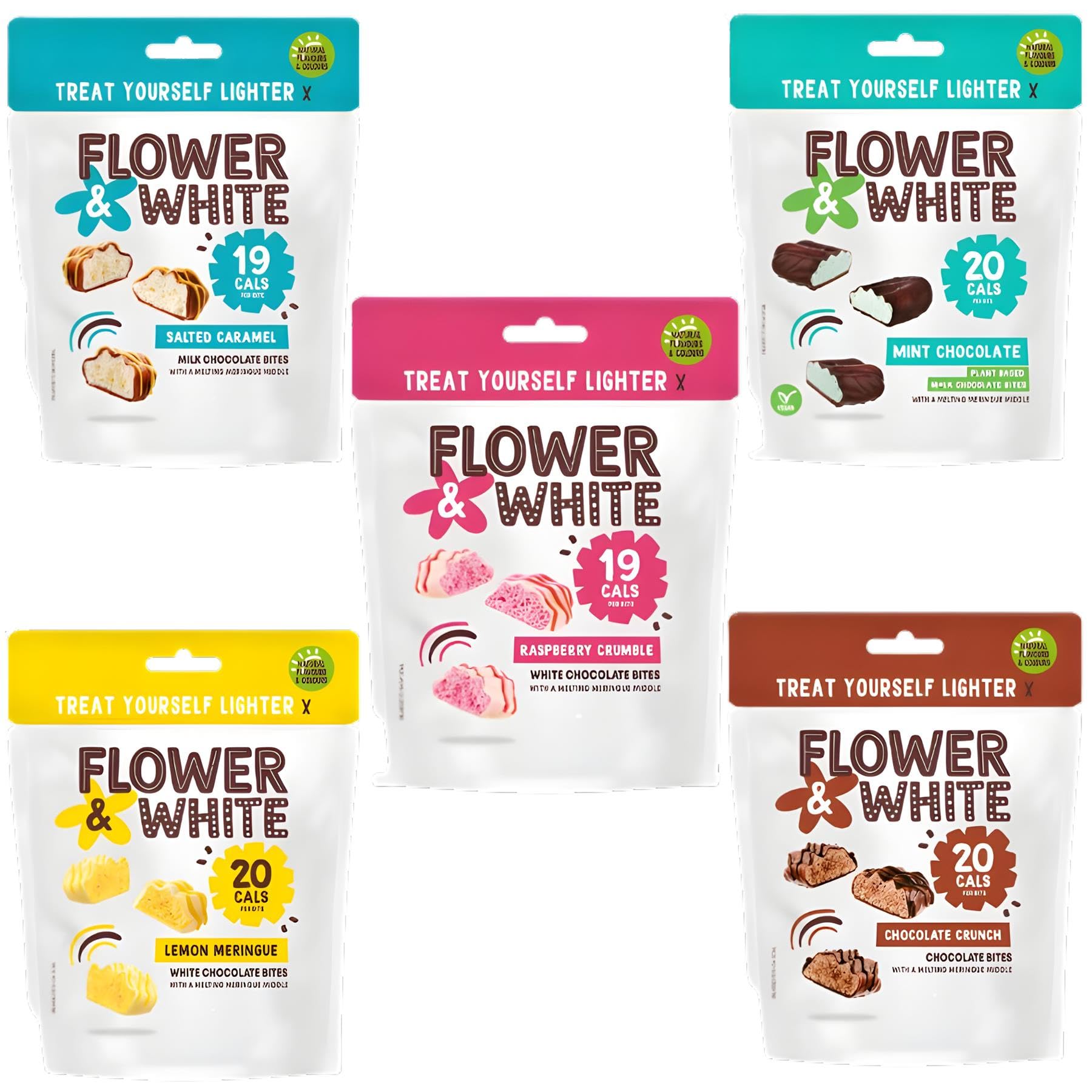 Flower White Bars Pick N Mix - Choose From 4+ Flavours | Chocolate Crunch, Lemon, Raspberry Crumble, Salted Caramel | Perfect Bar Gift Set for Bar Lovers Pack 5