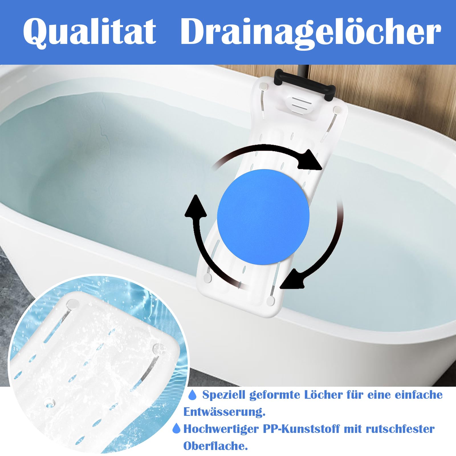 Badewannenbrett Badewannensitz Senioren mit 360º Drehscheibe und Schwarz Griff, Einstellbar Wannensitz PP-Material Sitzbrett für Badewanne mit Seifenablage für Erwachsene bis 150kg