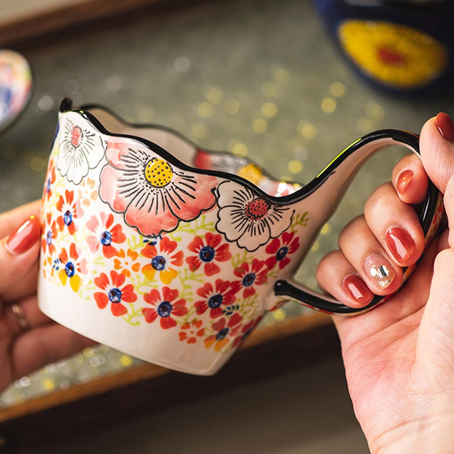 Ceramic Soup Bowl, Microwave Bowl, Small Soup Mug 400ml Bouillon Cups (Flower-C,400ml)