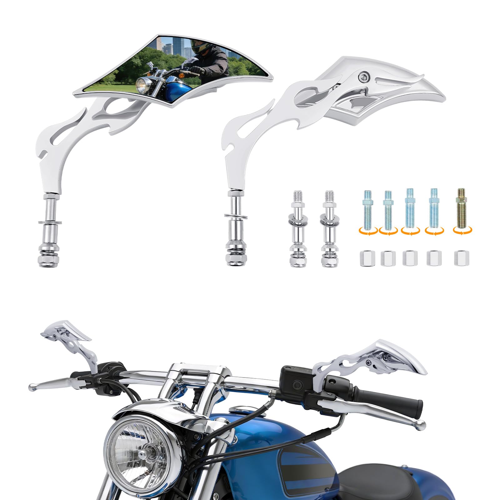 DREAMIZER Motorcycle Mirrors Compatible with Harley- 8MM 10MM Universal Flame Mirror for V Rod Night Softail Rod Breakout Sportster 48 883 1200 Street Electra Glide Road Glide, Chrome