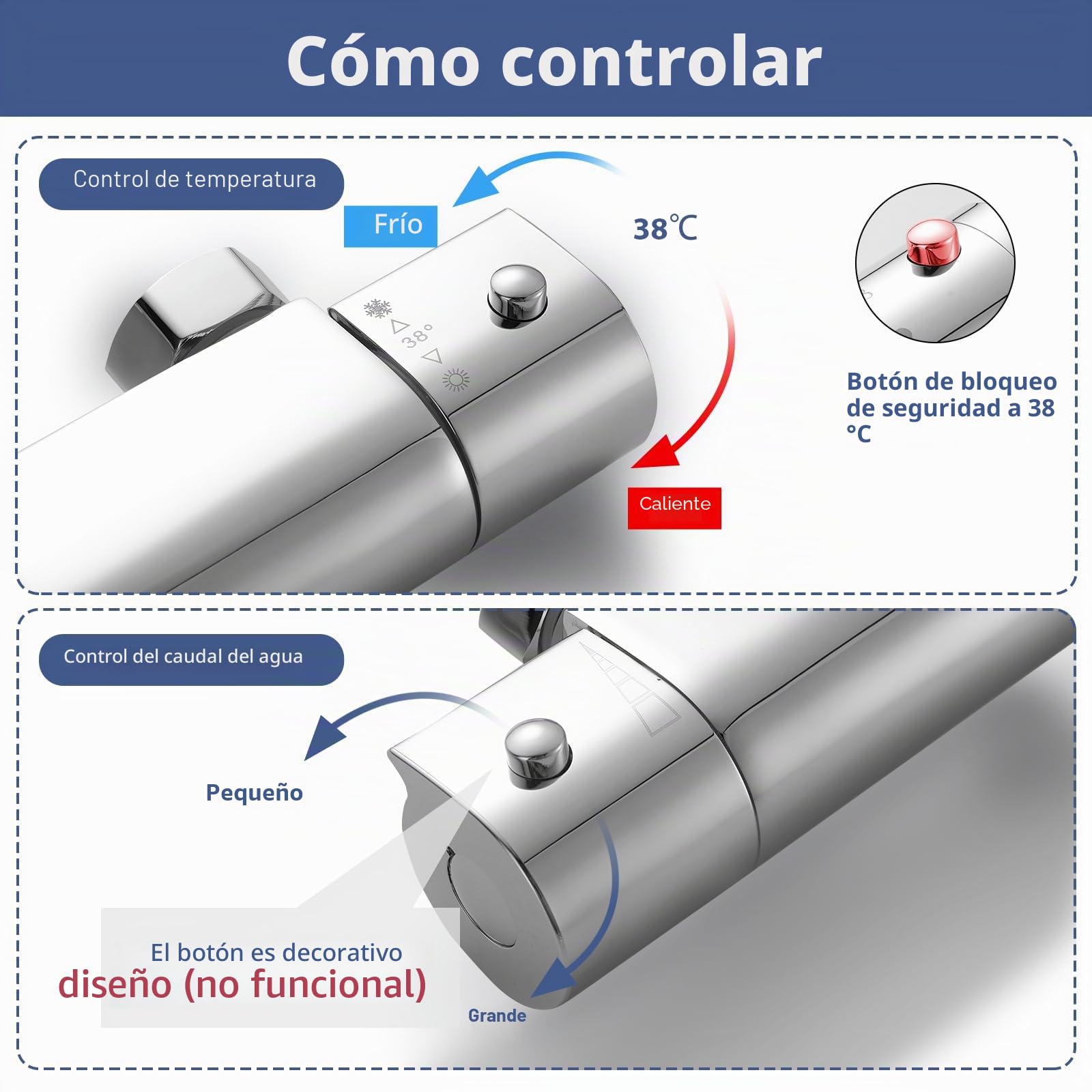 Barra mezcladora termostática para ducha, salida superior de 3/4 pulgadas BSP, válvula mezcladora termostática de latón a 38 °C, antiquemaduras, con adaptador de tubo BSP de 3/4 pulgadas a BSP de 1/2