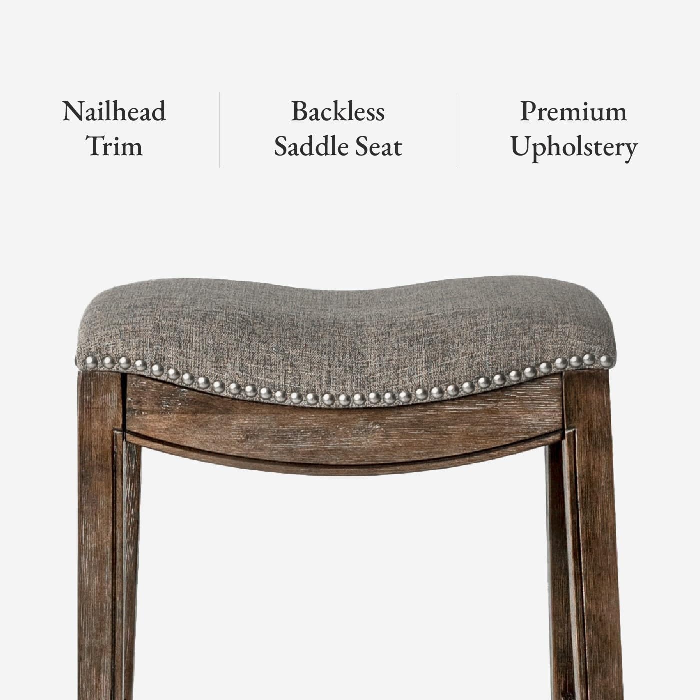 Maven Lane Adrien Backless Bar Stool – Set of 3 – 31 Inch Saddle Seat with Footrest – Brown Solid Wood Frame & Grey Fabric Upholstery – Ideal for Bars, Pub Tables & Tall Kitchen Counters