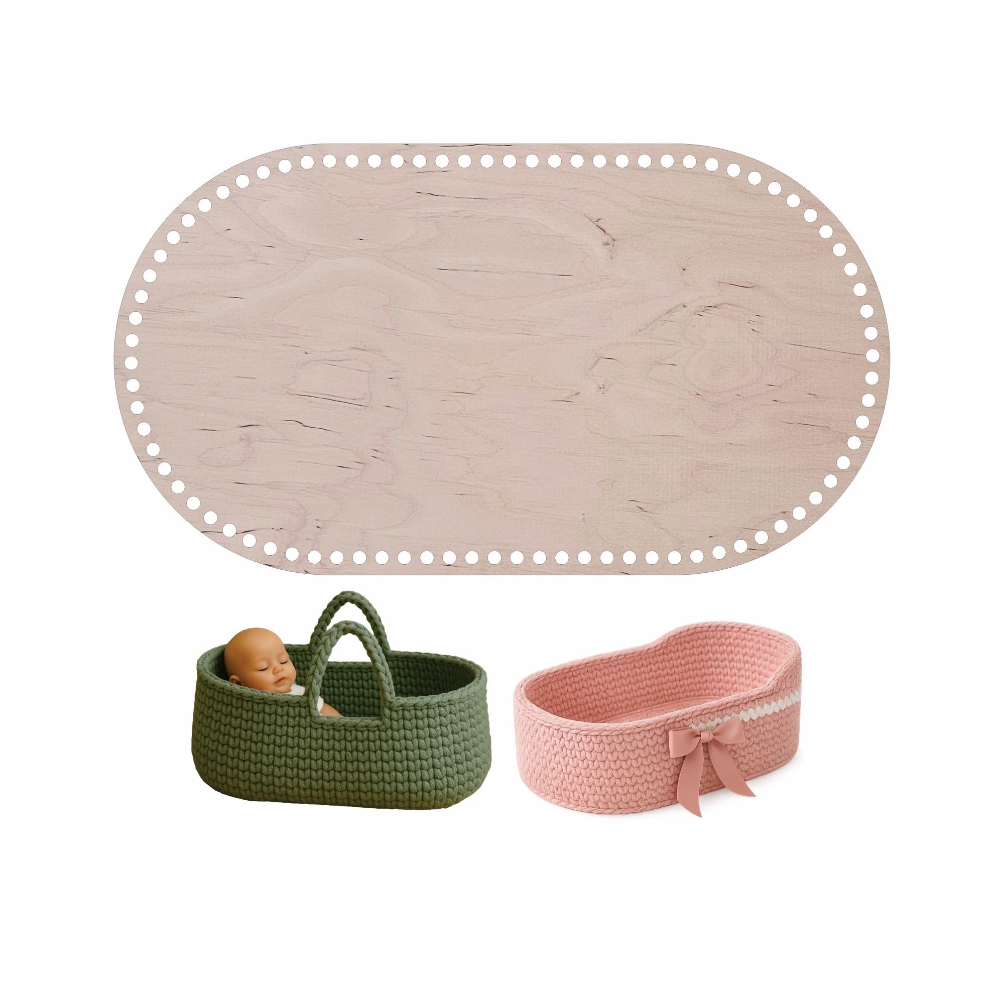 YourHobbyTools Oval Wooden Crochet Base for Doll Cradle and Moses Basket – Wooden Base with Holes (8mm/11mm) – DIY Craft Basket Bottom – Various Sizes (8 Mm Holes, 45 x 25 cm)