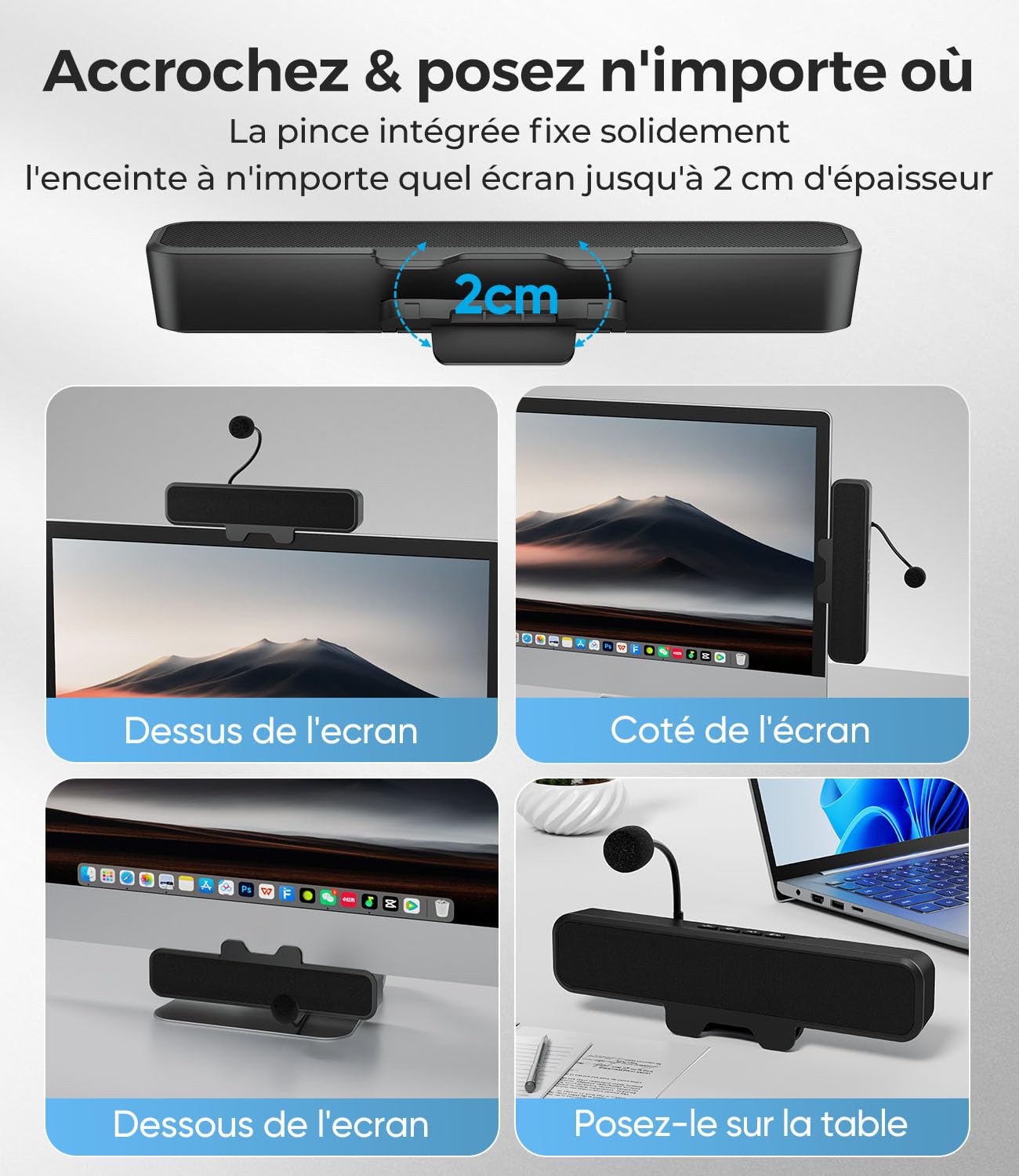 Enceintes USB d'ordinateur avec Microphone détachable, Enceintes de Bureau Plug-and-Play avec Clip pour écran, Son stéréo et Graves, adaptées au PC, PS5, Switch 2 et Ordinateur Portable