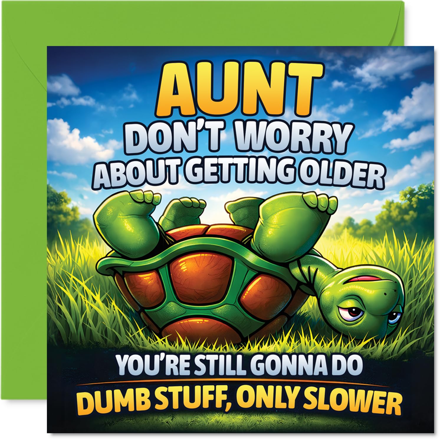 Funny Birthday Card for Aunt - Still Full of Fun - Cheeky Turtle Illustration with a Playful Message about Getting Older - 145mm Square, Envelope Included