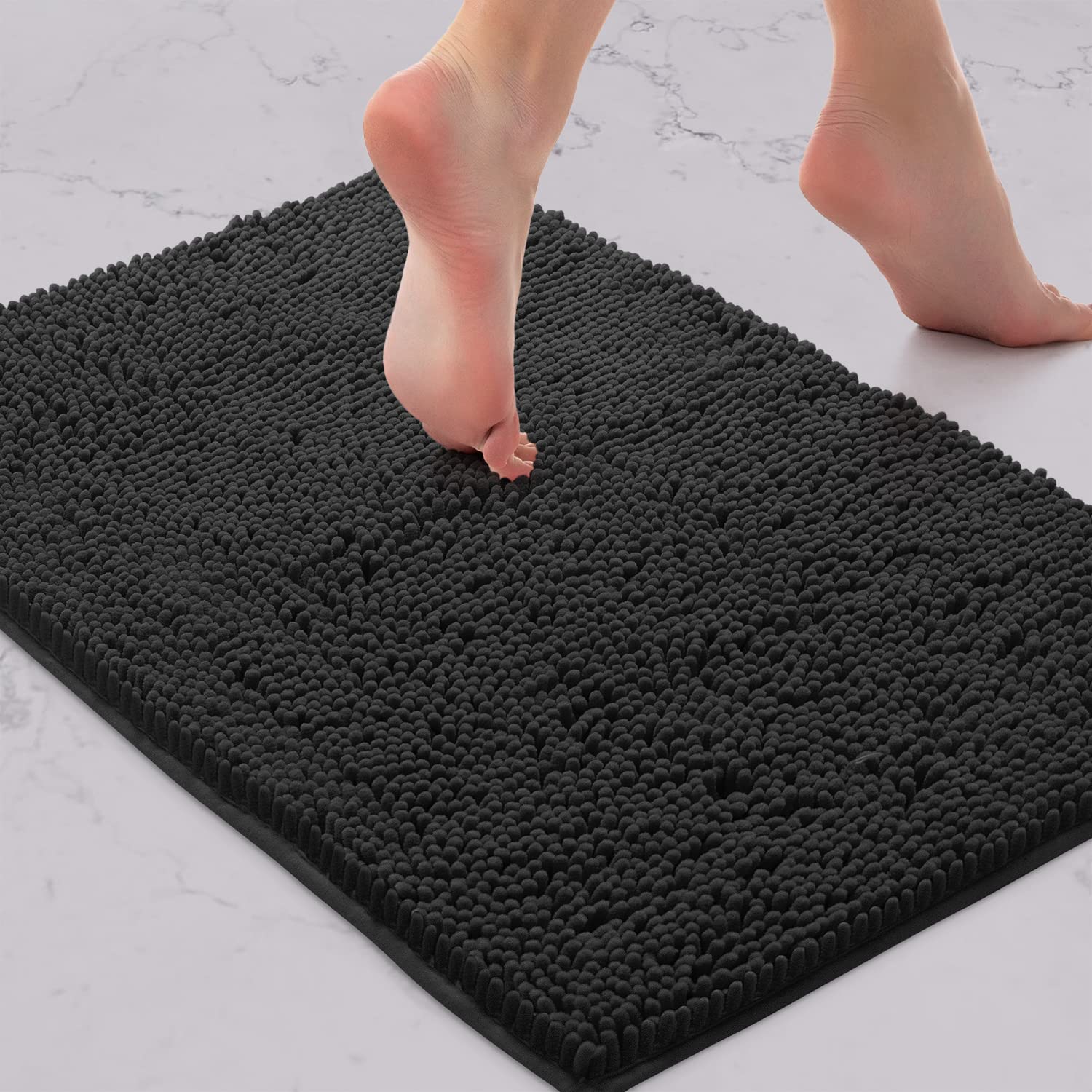 LuxUrux Bath Mat-Extra-Soft Plush Bath Shower Bathroom Rug, 1'' Chenille Microfiber Material, Super Absorbent Shaggy Bath Rug (Black, 42 x 60 cm)