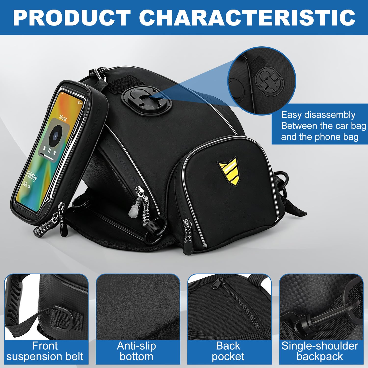Motorrad Tankrucksack,wasserdichte Motorrad-Kraftstofftanktasche mit Abnehmbarer Touchscreen-Handyhalterung, Magnetic Motorcycle Tank Bag, 3 Magneten und 4 verstärkten Riemen