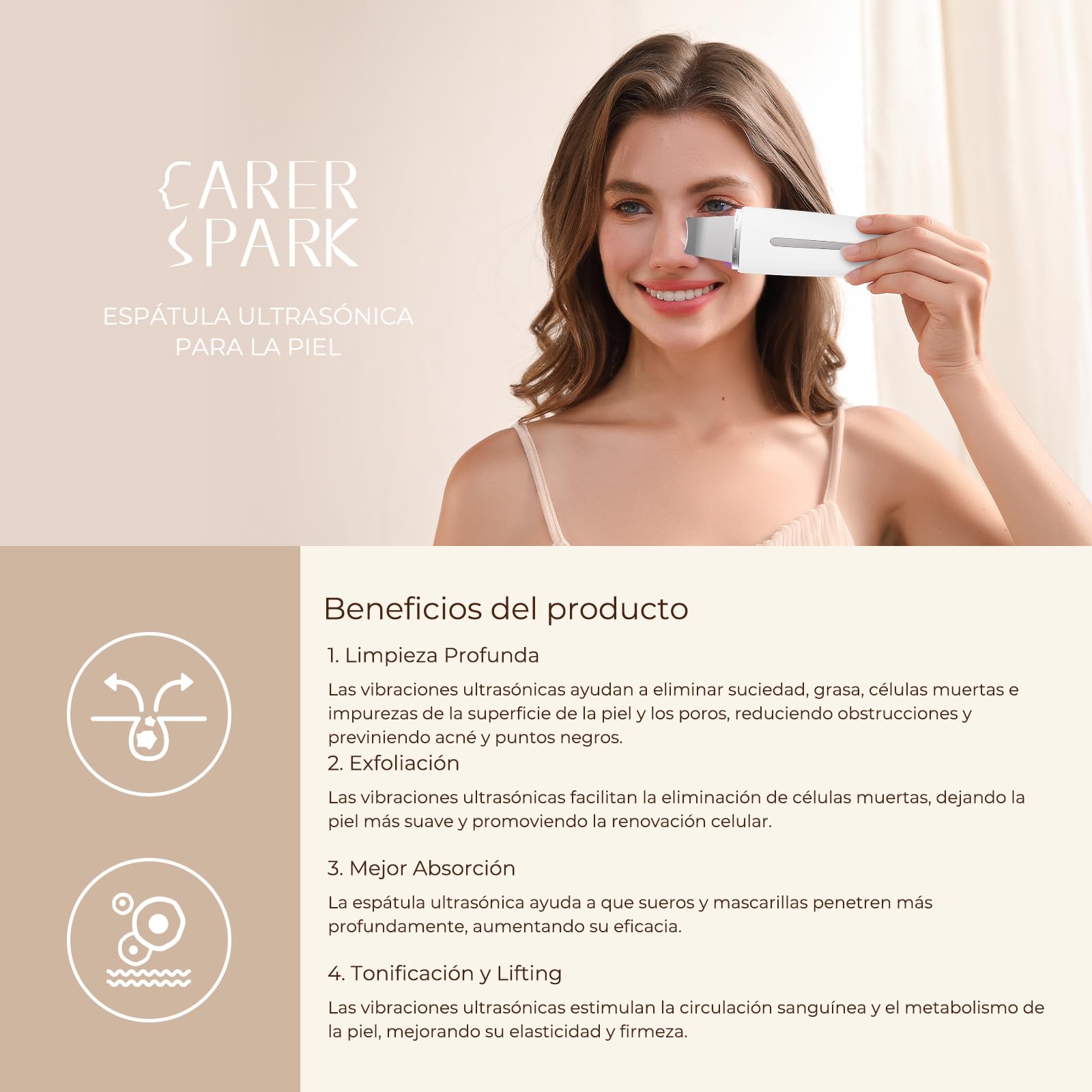 CARER SPARK Peeling Ultrasónico Facial – Espátula Facial Ultrasónica EMS e Iones y Terapia de Luz, 4 Modos para Limpieza Profunda Eliminación de Puntos Negros Exfoliación Suave Recargable USB