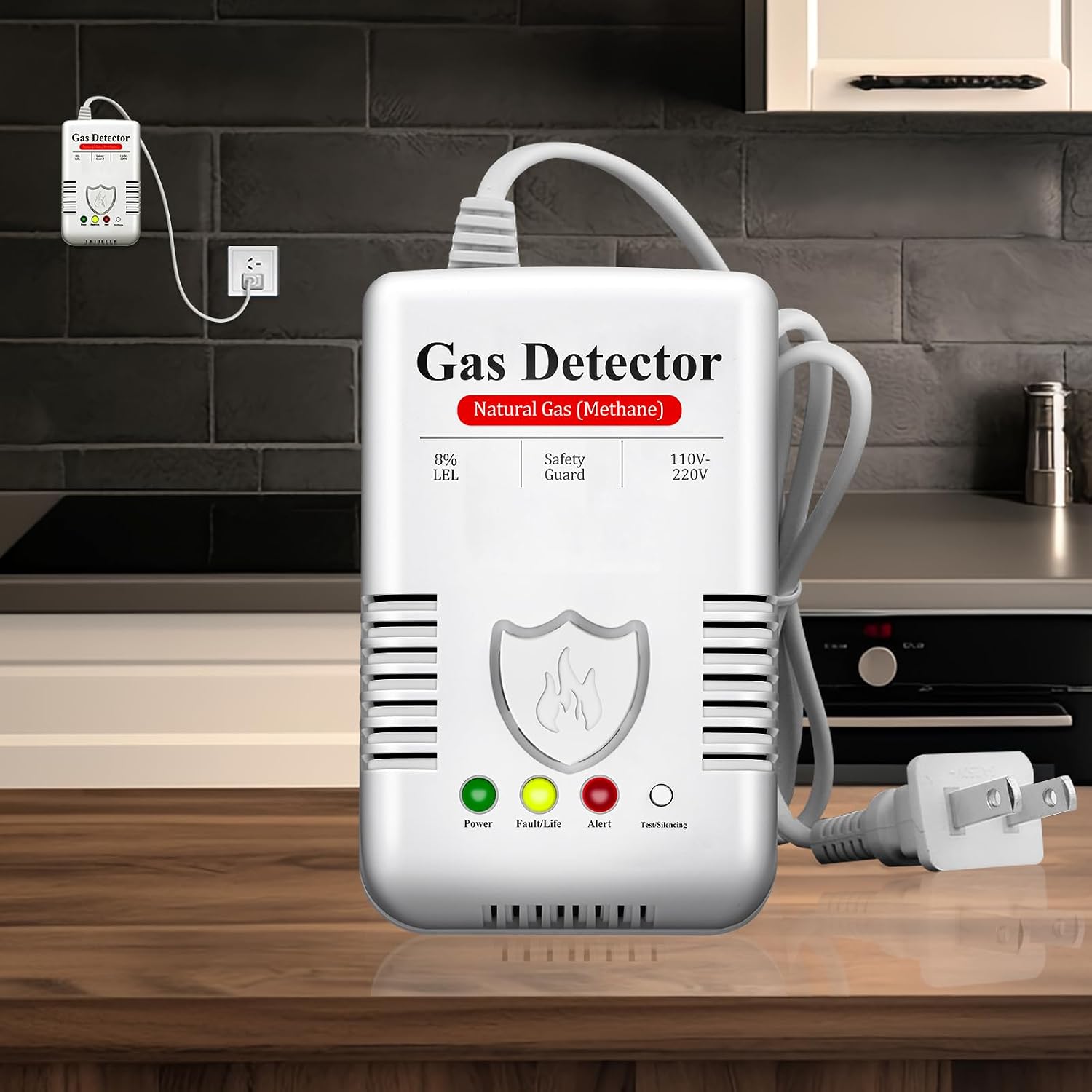 AOTIQUAL G55 Gas Detector plugged into an outlet on a kitchen counter, showing the green power light illuminated.