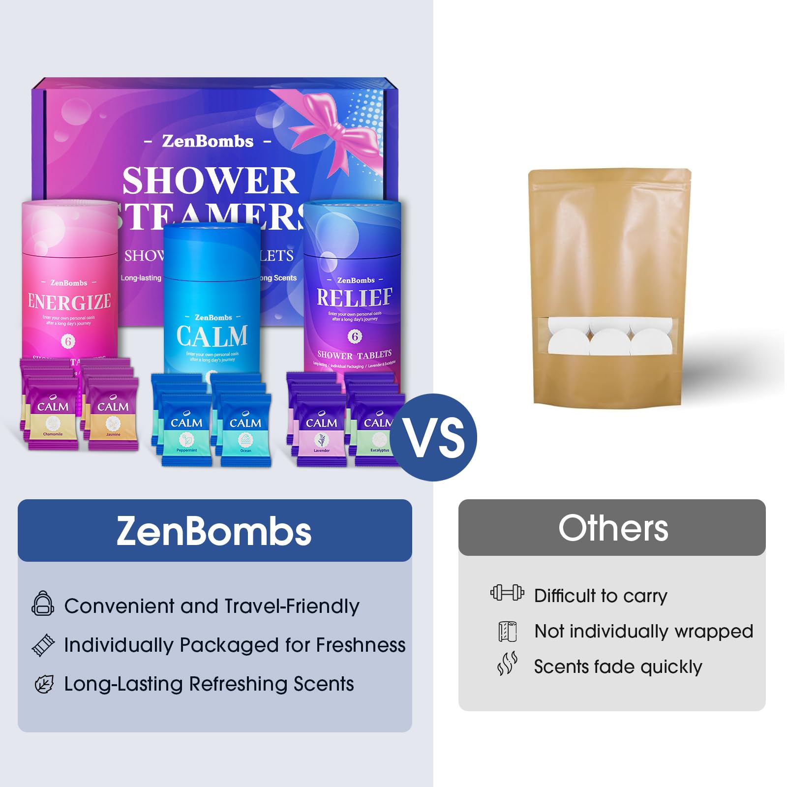 ZenBombs Bomba pod prysznic, 18 sztuk z 6 organicznymi i naturalnymi zapachami, prezent do samoopieki i relaksu dla kobiet i mężczyzn, idealna do higieny osobistej, zgodna