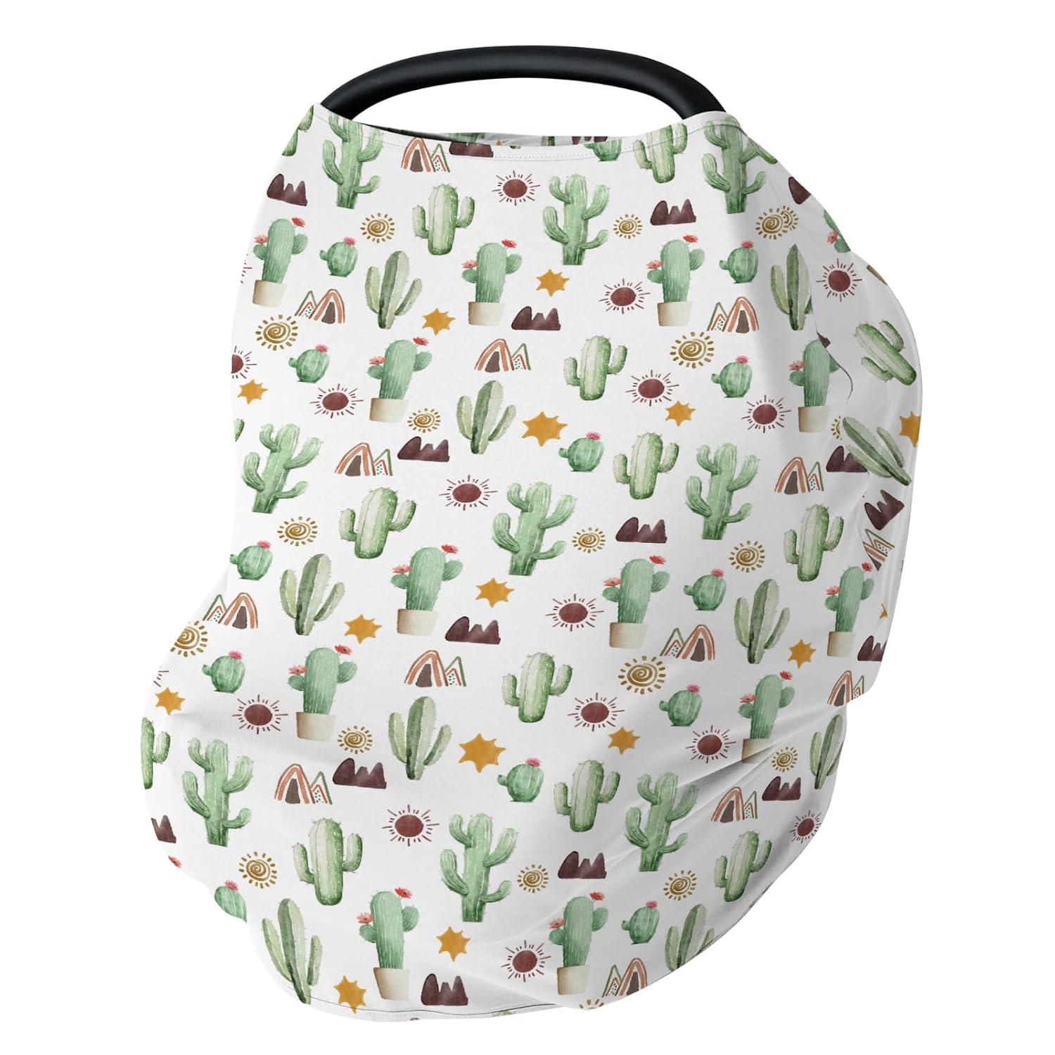 Watercolor Cactus Baby Car Seat Covers Green Cactus Leaves Stretchy 5-in-1 Cover Adjustable Car Canopy Breastfeeding Cover Wild West Desert Plant Breathable Nursing Cover-Up