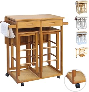 3 PCS Mobile Drop Leaf Tables For Small Spaces With Storage, Rolling Island Cart For Kitchen With 2 Stools, Small Folding Dining Table With Chairs, Square Wood Breakfast Cart With Wheels-Brown