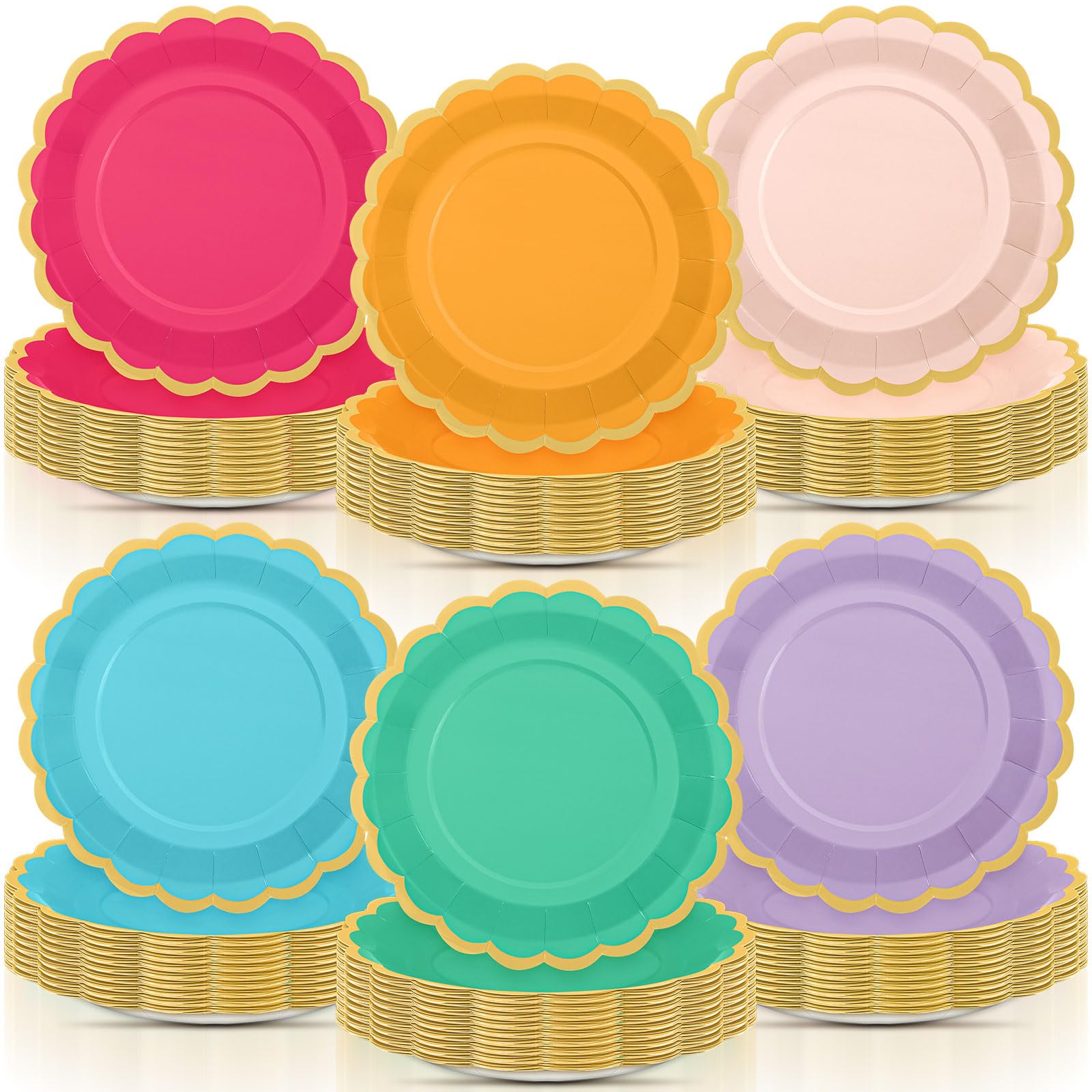96 Pcs Candy Rainbow Paper Plates 9 Inch Scalloped