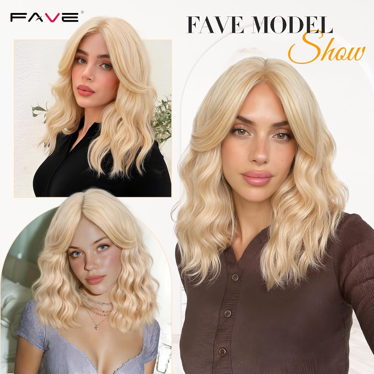 FAVE 14 Inches Wavy Bob Wig Blonde Wig with Bangs Synthetic Heat Resistant Bob Wigs for Women Hair Replacement Wigs Daily Party Use