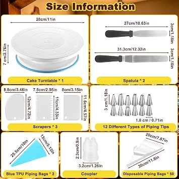 71Pcs Cake Decorating Kit with Turntable, 12 Piping Nozzles 50 Disposable Piping Bags Cakes Decoration Tools, 1 Coupler 2 Smoother Scrapers 3 Spatulas TPU Bag Icing Supplies for Beginners, Experts