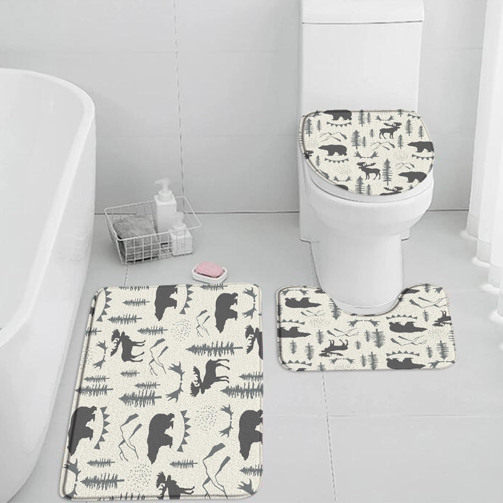 QWRSMYX 3 Pieces Set Rustic Cabin Bath Mat Bear Deer Moose Forest Wildlife Pine Tree Country Camping Lodge Farmhouse Hunting Wild Animal Bathroom Rugs Toilet Lid Cover Pedestal Rug U-Shaped