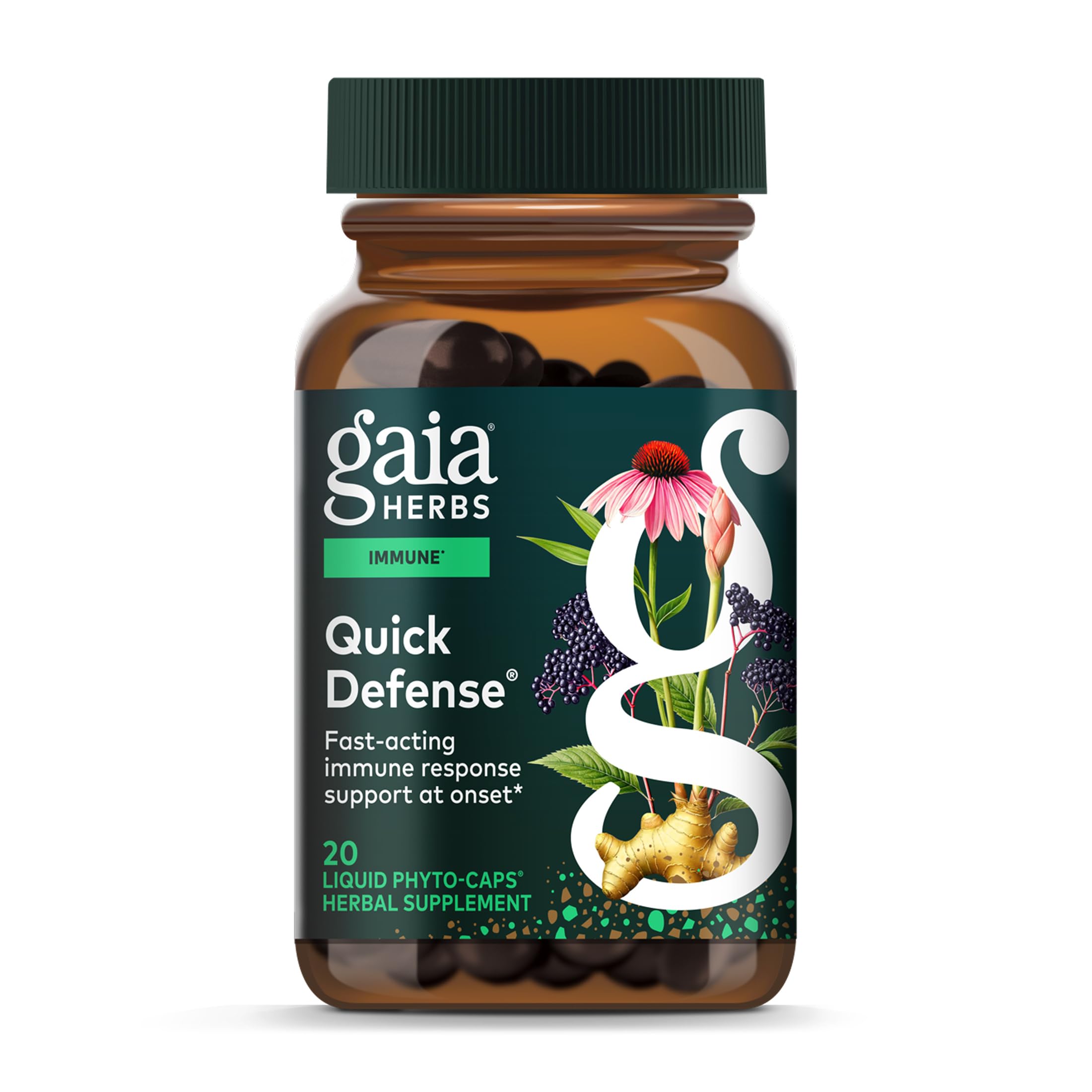 Gaia Herbs Quick Defense - Fast-Acting Immune Support Supplement* - Echinacea, Black Elderberry, Ginger & Andrographis - 20 Vegan Liquid Phyto-Caps (10 Servings)
