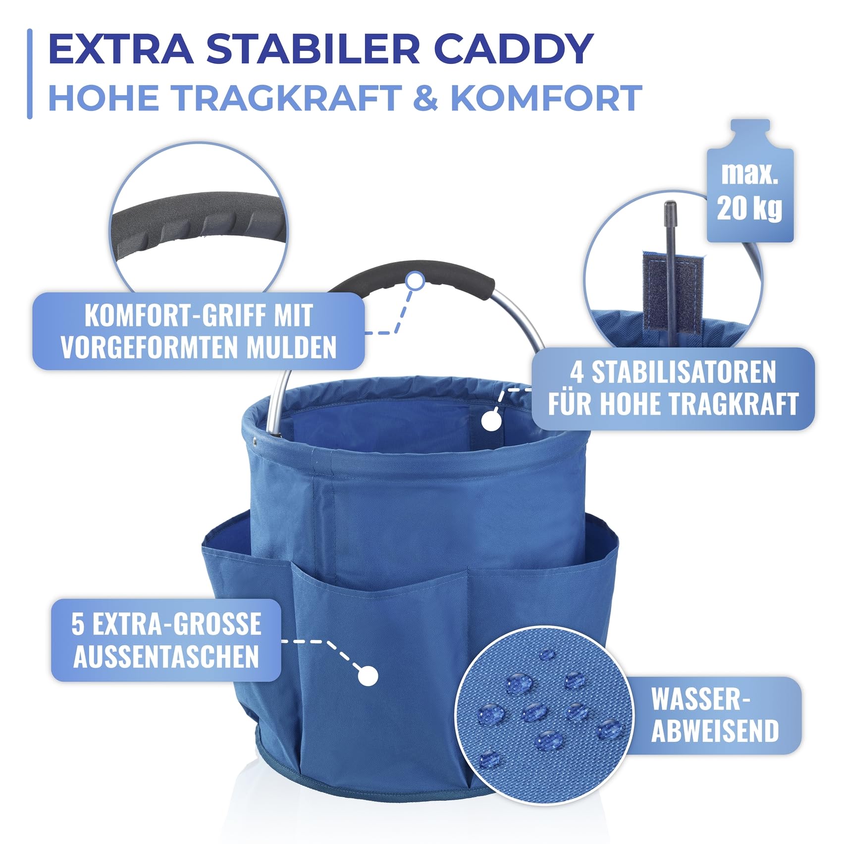 Maximex Reinigungs Caddy Mod. HERKULES, extra große Putztasche, 34 l Volumen, für Putzmittel und Zubehör, gepolsterter Tragegriff, stabil, faltbar, wasserabweisend, Ø 35 x 35 cm, Polyester, Blau