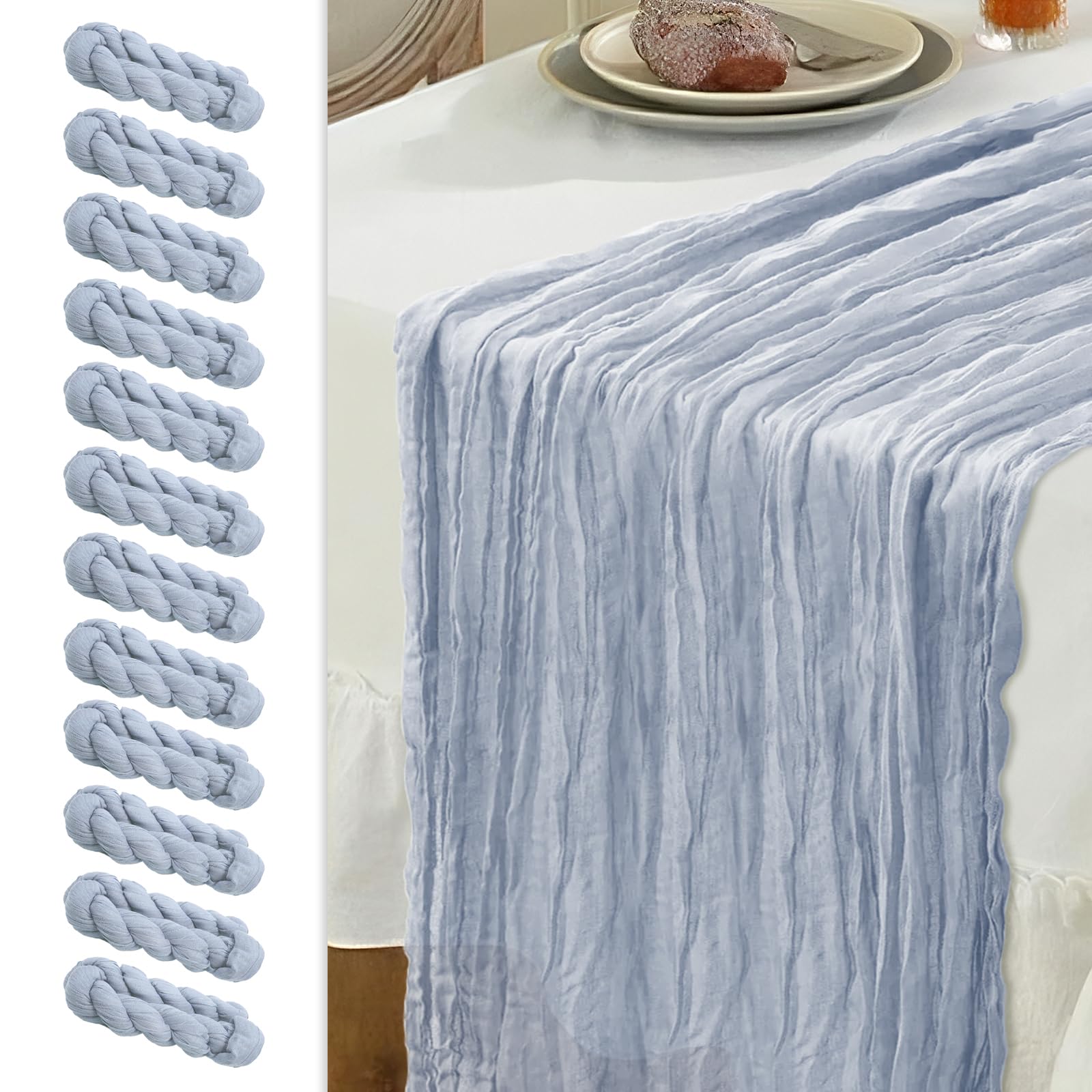 Photo 1 of *ONLY 3* Le courant 12pcs 10Ft Cheesecloth Table Runner, Rustic Boho Gauze Cheese Cloth Runner Table Runner for Weddings Bridal Baby Shower Birthday Holiday Parties Home Decor, Dusty Blue