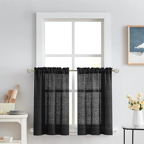 Melodieux Cortinas semitraslúcidas negras de 36 pulgadas de largo para cocina, cafetería, dormitorio, ventanas pequeñas, aspecto de lino, bolsillo