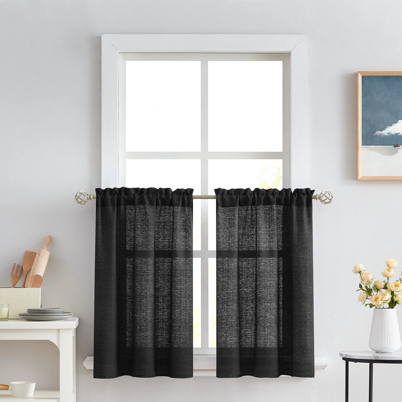 Rideaux semi-transparents noirs 114 cm aspect lin pour petite fenêtre de cuisine Lot de 2