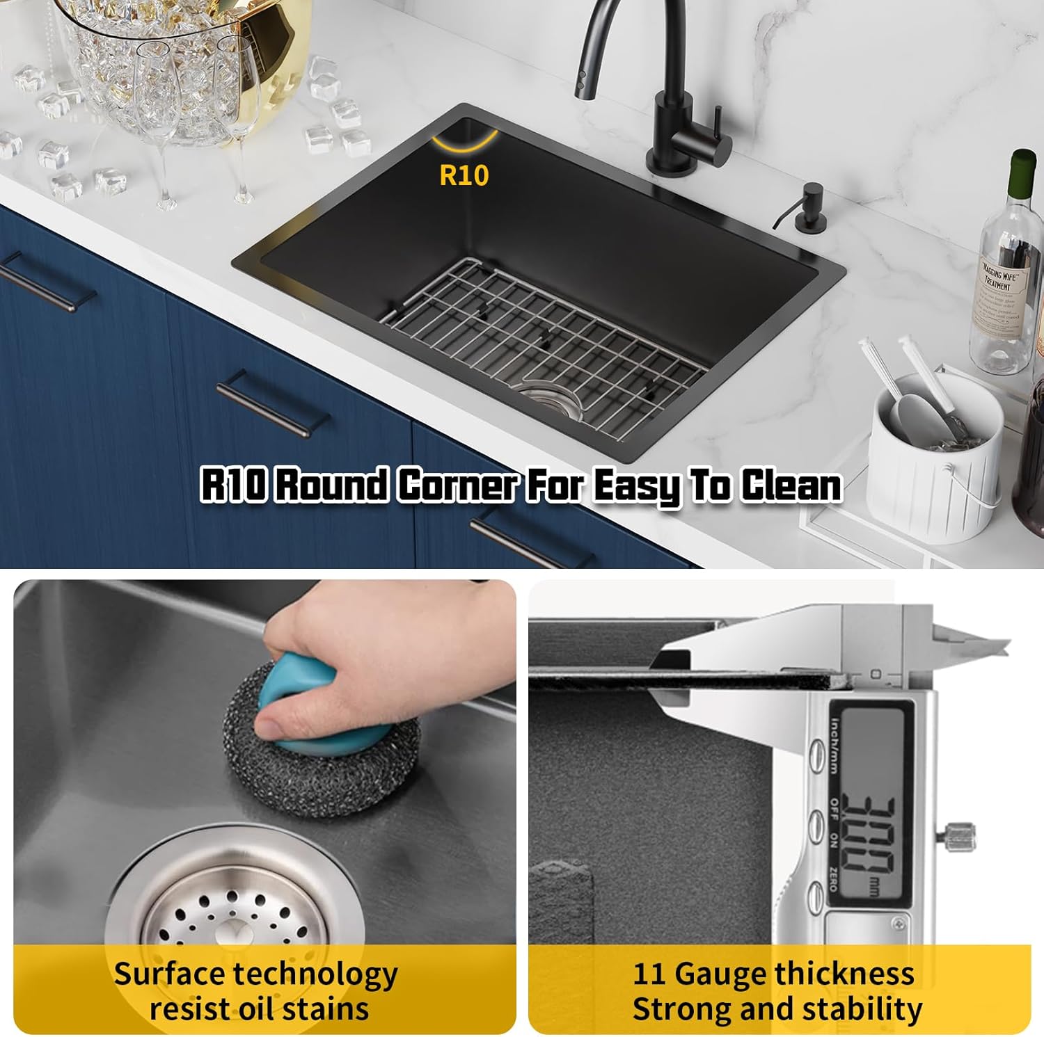 Black Kitchen Sink,24x18 Inch Stainless Steel Undermount Kitchen&Bar Sink Drop In Stylish And Modern Look With Bottom Grid,Silicon Mat And Drain Assembly Add Elegance & Enhance Usability