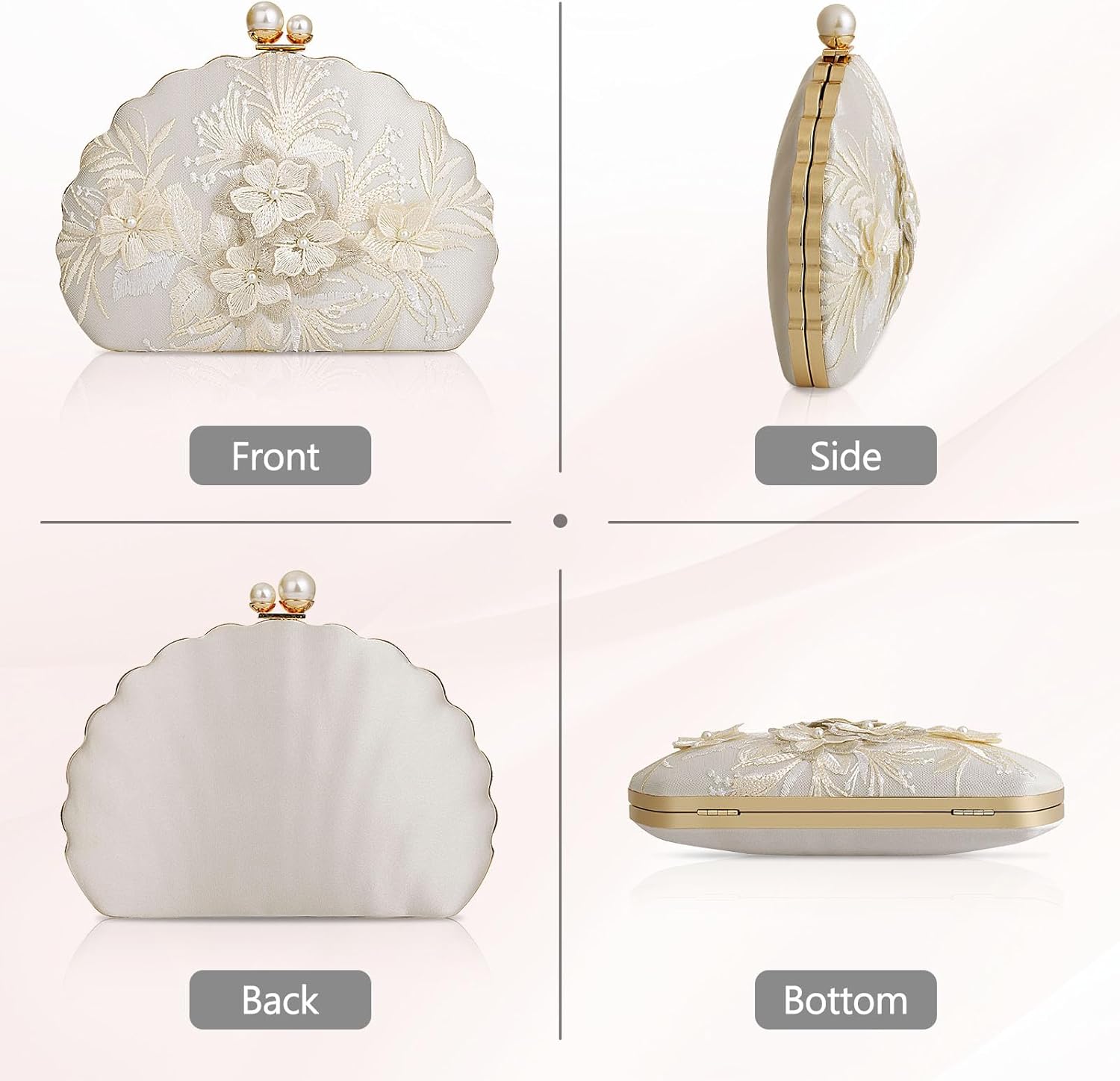 YYW Clutch Purse Women Floral Embroidery Evening Bag Elegant Pearl Crossbody Handbags for Wedding Cocktail Party Prom - Image 4
