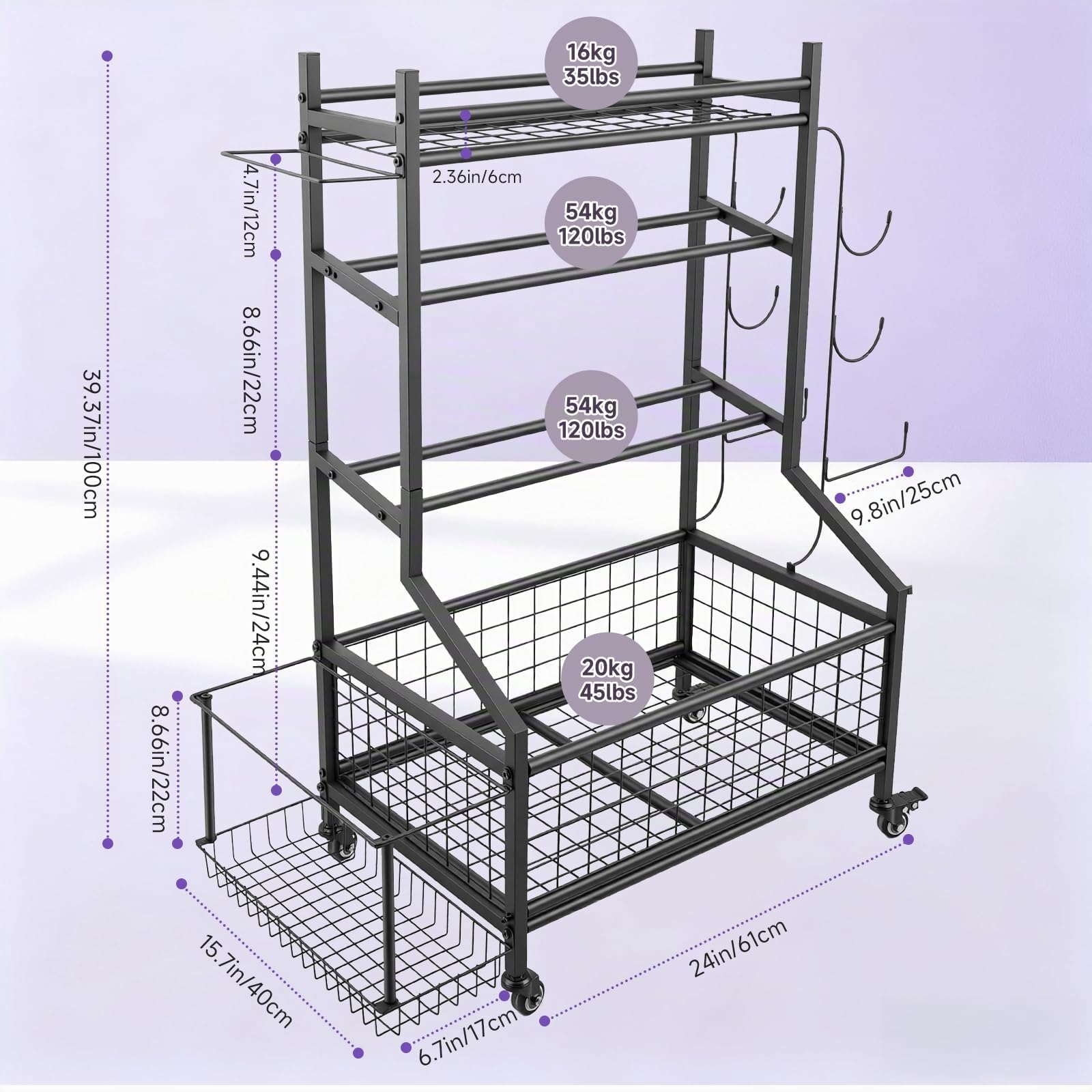 Rastrelliera Per Manubri Regolabile A 4 Livelli Con Ruote E Ganci,Porta Manubri Attrezzatura Palestra,Supporto Multifunzionale Per Tappetini Da Yoga,Manubri,Rulli In Schiuma, Fasce Elastiche,60×40cm