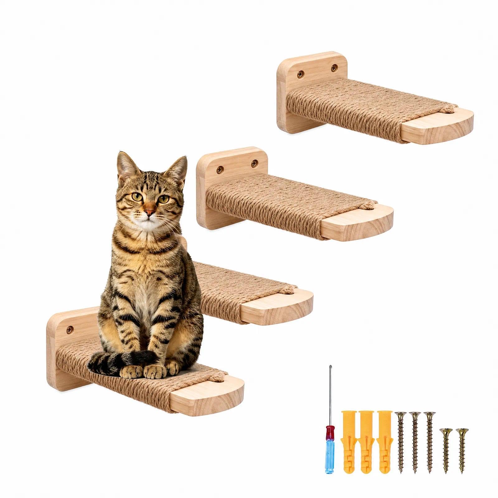 4pcs Katzentreppe Wand, Kletterwand Katzen aus Holz,Wandliege Kletterwand Katzen mit Juteseil zum Kratzen, für Katze Klettern Spielen Massives Gummiholz