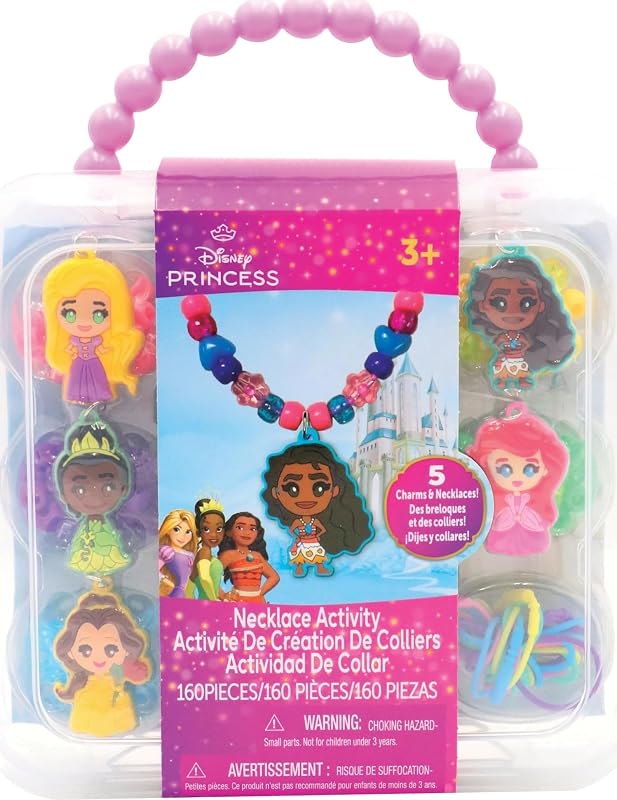 Estuche de actividades para collares de princesas de Disney – Kit para hacer joyas con cuentas, dijes y cuerdas – Crea collares de princesas personalizados – Regalo artesanal para niñas a partir de 3 años – Estuche de almacenamiento portátil incluido | El kit de manualidades incluye dijes y cordones para crear 5 collares personalizados. Almacenamiento portátil para niñas a partir de 3 años de Tara Toys