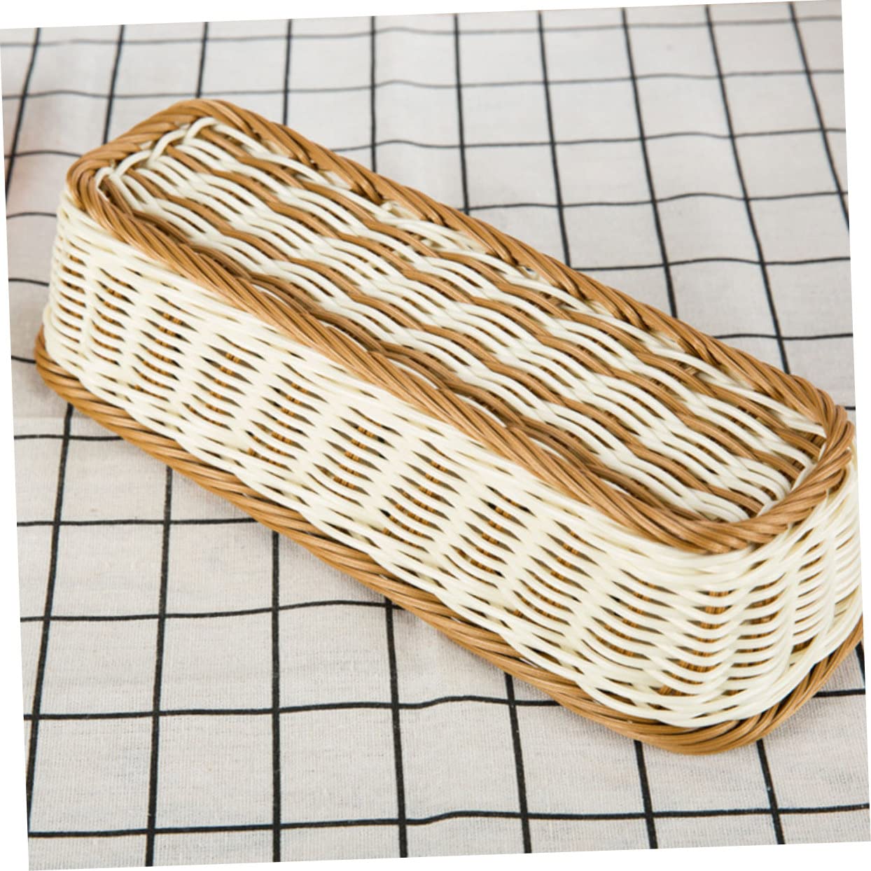 Ciieeo 1Pc Rectangular Imitation Rattan Cutlery Basket Multi Functional Woven Plate Storage Basket for Kitchen Home Plastic Basket Chocolate White