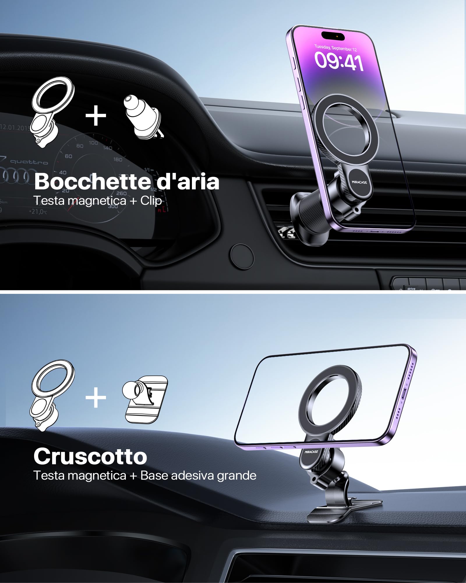 Miracase Porta Cellulare Auto con MagSafe【Potente Magnetico】Supproto Telefono Auto Magnetico【Gancio in Metallo】Porta Telefono Auto per Il Cruscotto & Presa d'Aria di Auto Compatibile con Smartphones