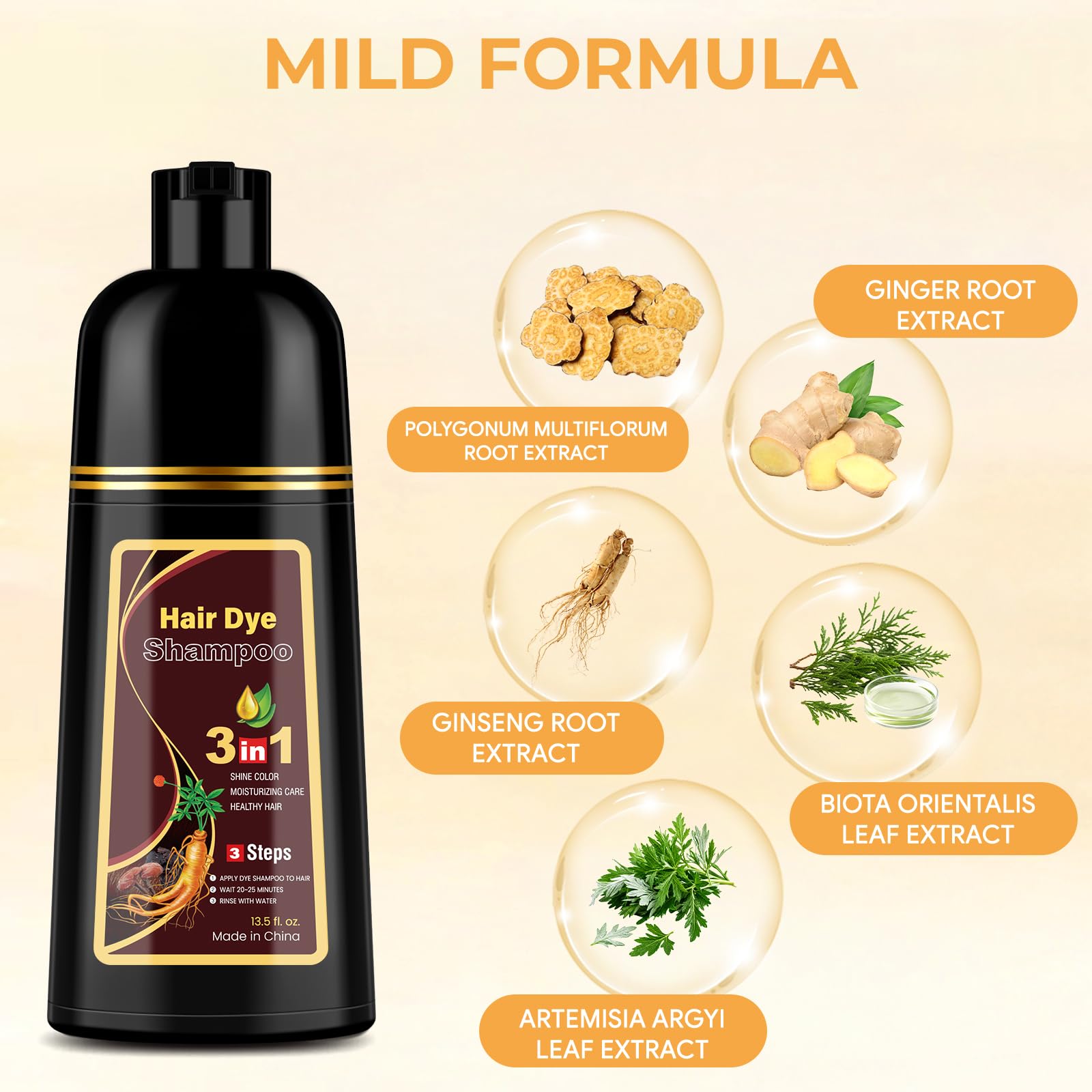 3-in-1 Hair Color Shampoo for Gray Hair Coverage with Herbal Ingredients, 16.9 Oz