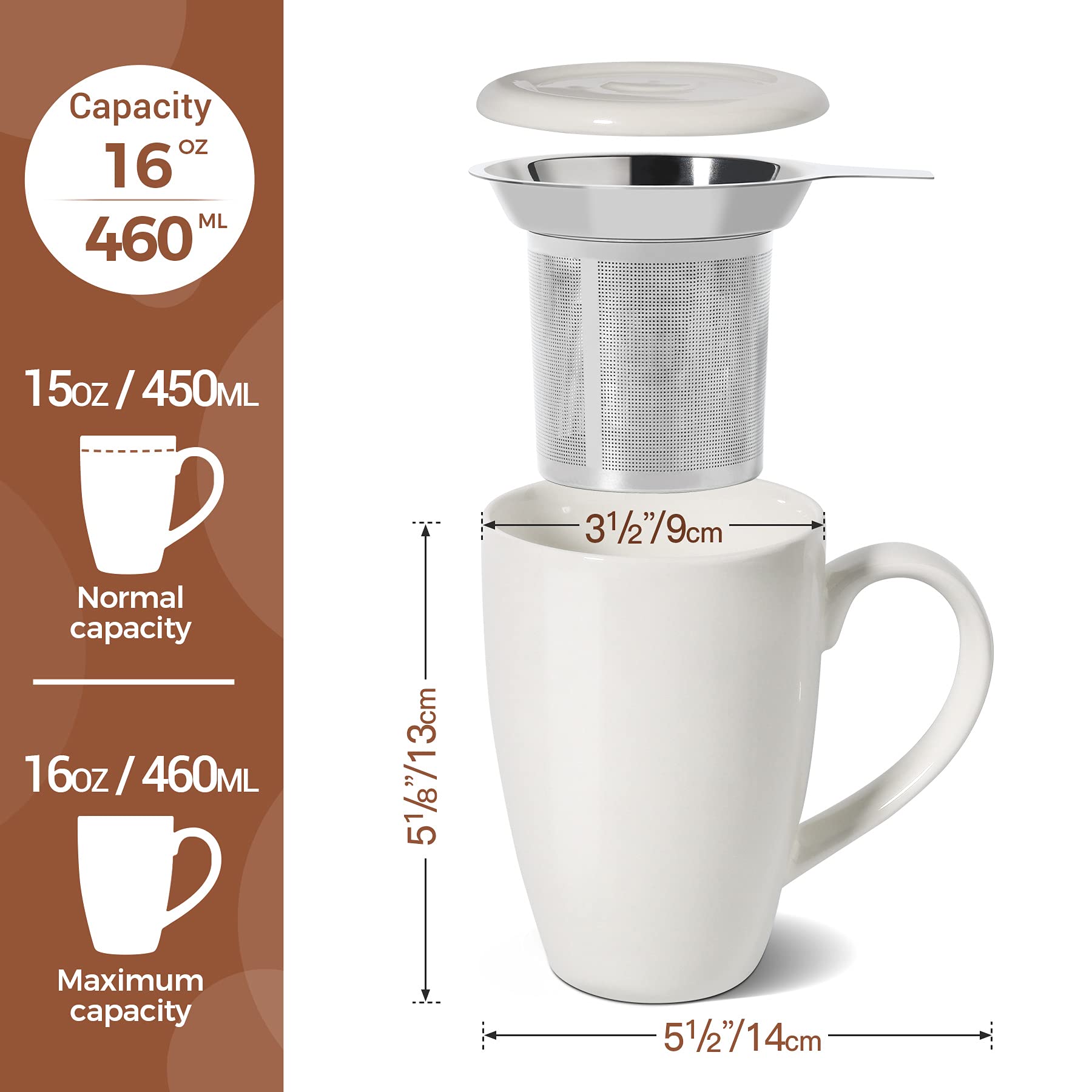 ComSaf Taza de té de cerámica con infusor y tapa, taza de porcelana grande de 16 onzas con filtro de té para hojas sueltas de té/bolsa de té, taza de té para oficina, hogar, color blanco