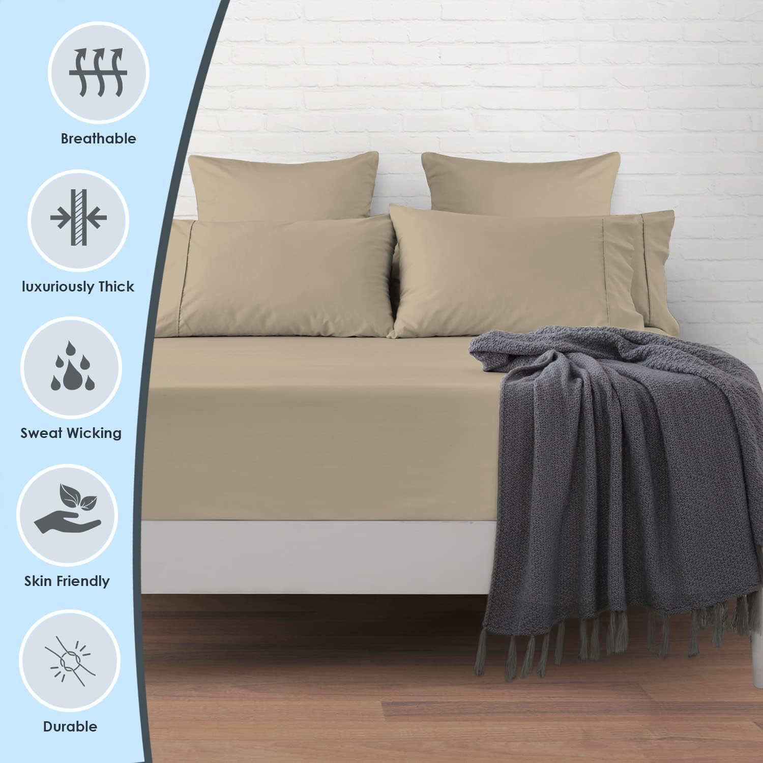 Pizuna Pure 100% Cotton King Fitted Sheet Only, 1000 Thread Count Long Staple Cotton Thick Sateen Weave 15inch Deep Pocket Fitted Sheet (Combed Simply Taupe King Fitted Sheet Cotton)