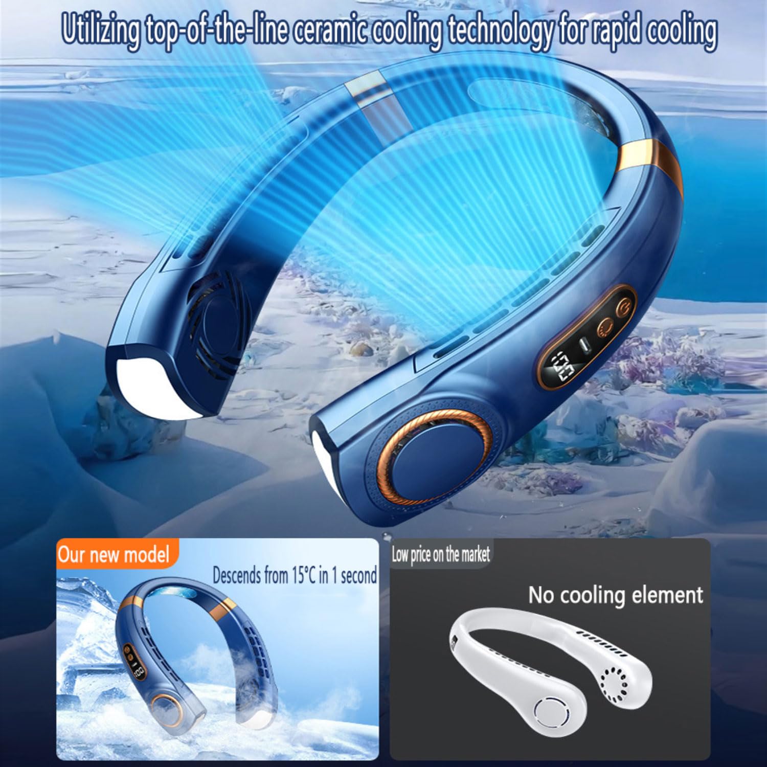 Ventilatore da Collo Ventola Regolabile a 5 velocità- Ventilatore da Collo indossabile con Luce LED a 7 Colori e Display Portable Cooling Blower per Estate Viaggi Guida in Auto Campeggio