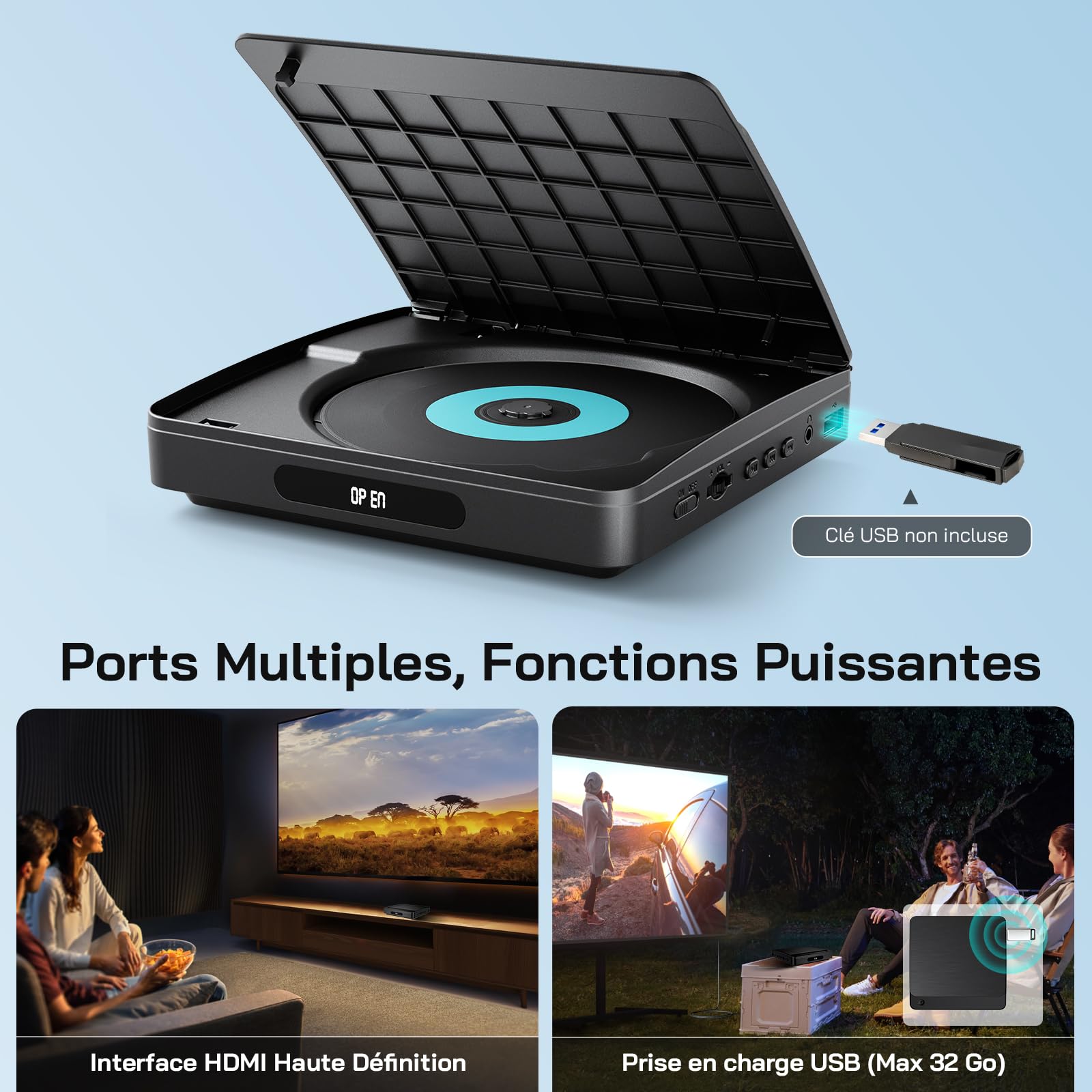 WOLFANG Lecteur DVD pour TV avec HDMI, Full HD 1080P sans Région, télécommande et Câble Type-C, Lecteur CD pour Chaîne Stéréo, Port USB 2.0 ((Pas de Blu-Ray/Disques Disney)
