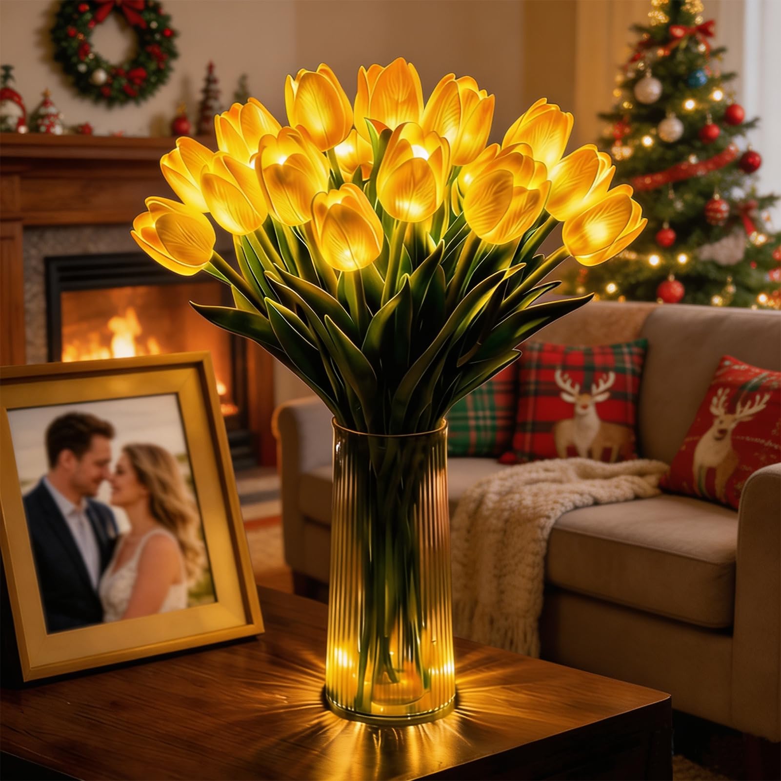 2027 Upgrade Radiant Romantic Tulip Light, 10/15PCS Tulip Lamp Artificial Magical Meadow Flowers with Vase, for Christmas & Halloween,Home Decor and Wedding Anniversary (Yellow,15*Flowers With Vase)