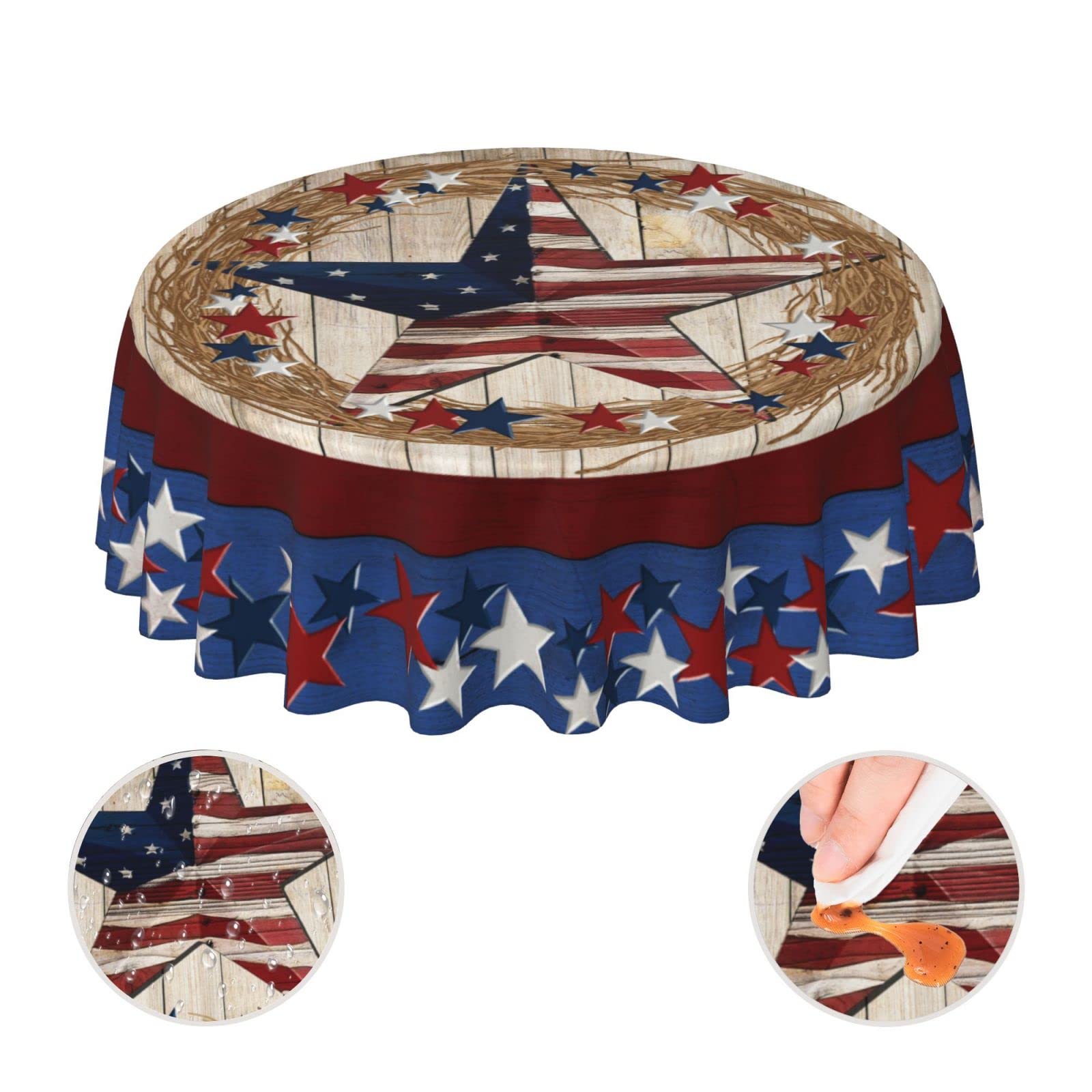 Farmhouse Vintage Rustic 4th American Flag Patriotic Star Wooden Waterproof Picnic Round Table Cloth Cover Decorations Fabric 60 Inch Circular Tablecloth For 20-47 Inch Home Dining Room Kitchen