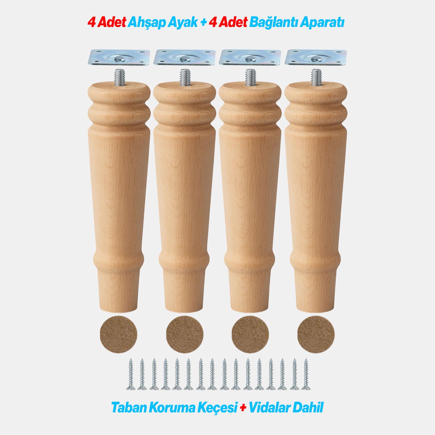 Bohem 20 cm Doğal Ahşap Ayak 4 ADET SET Boyasız Silindir Mobilya Koltuk Kanepe Ayağı Aparat Dahil
